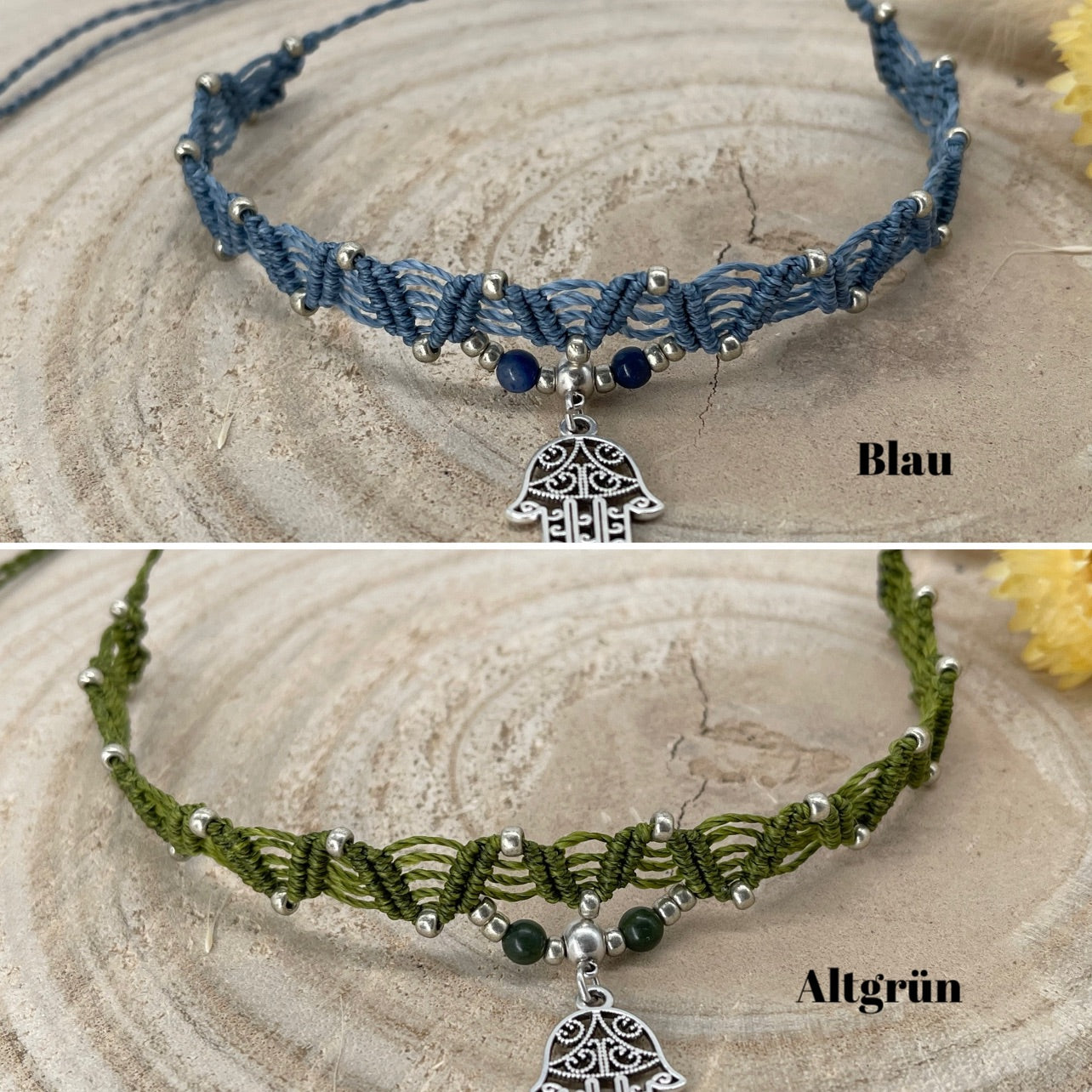 Makramee Schmuck Choker Halskette Lotus silberfarben