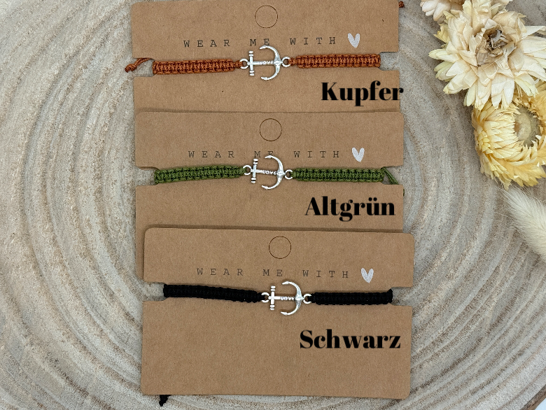 Freundschaftsarmband Makramee Armband Anker mit Love Edelstahl silberfarben