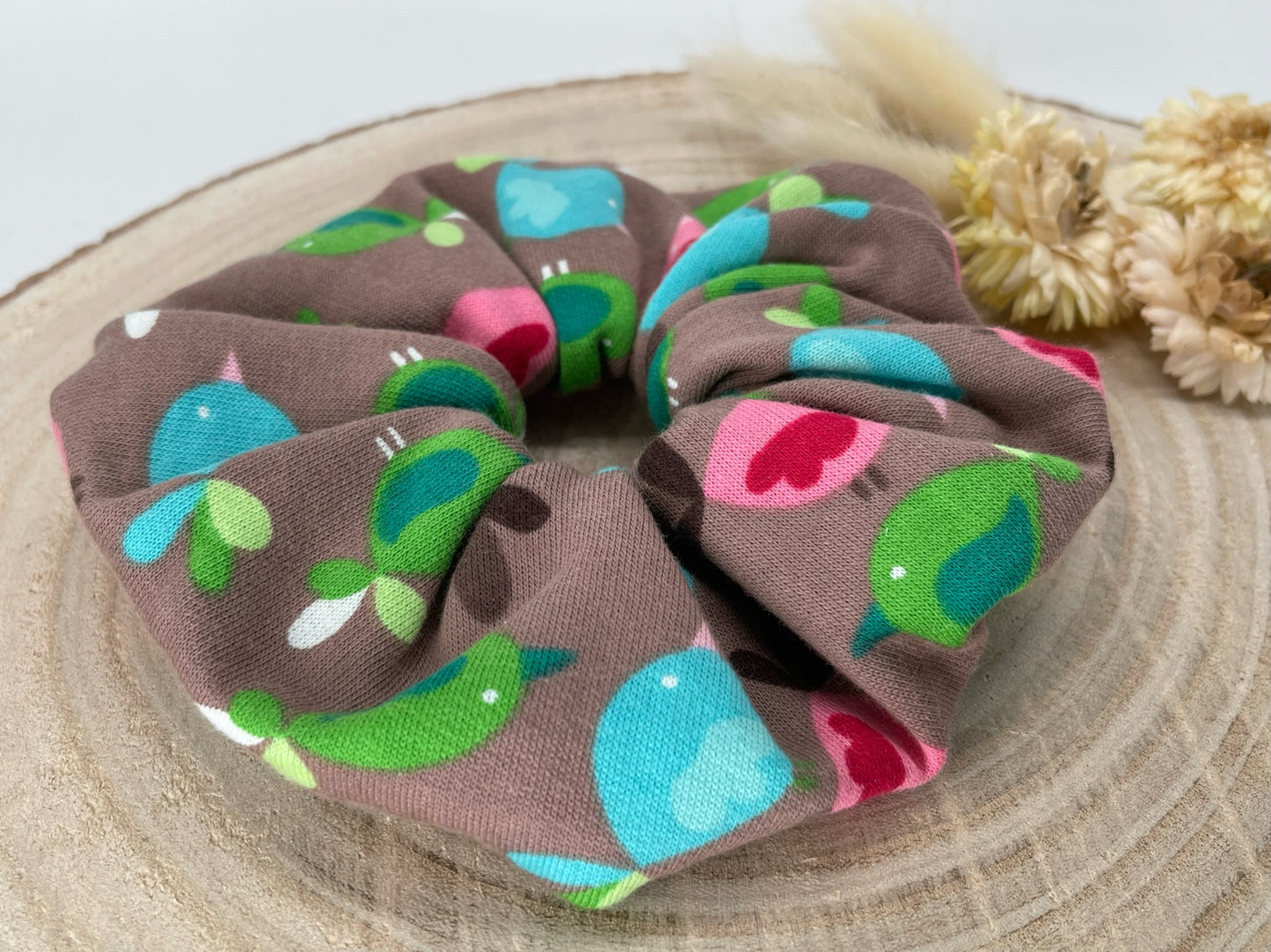 Jersey Scrunchie Haargummi bunte Vögel braun