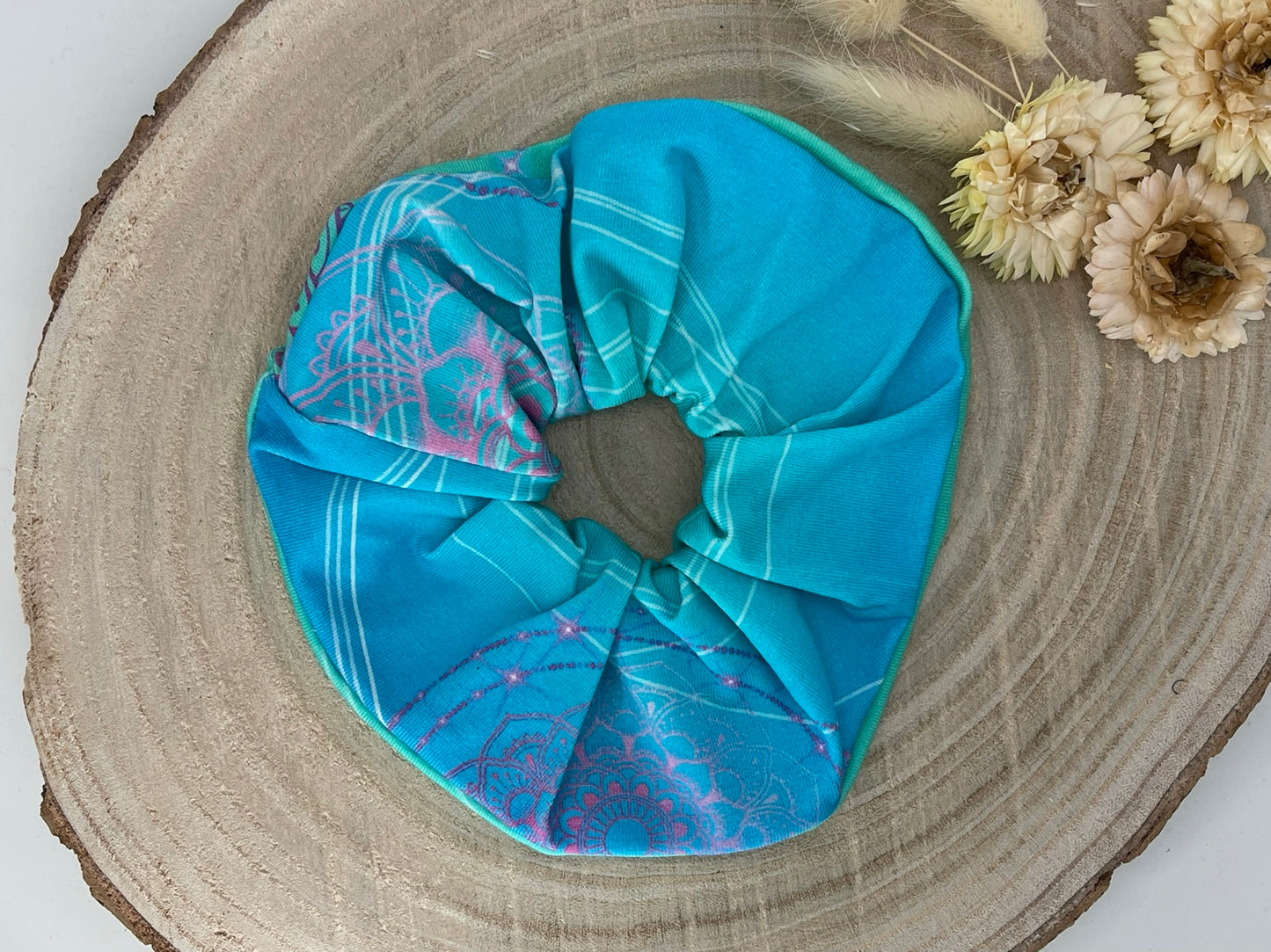 Scrunchie Haargummi blau mint mix mit Mandala