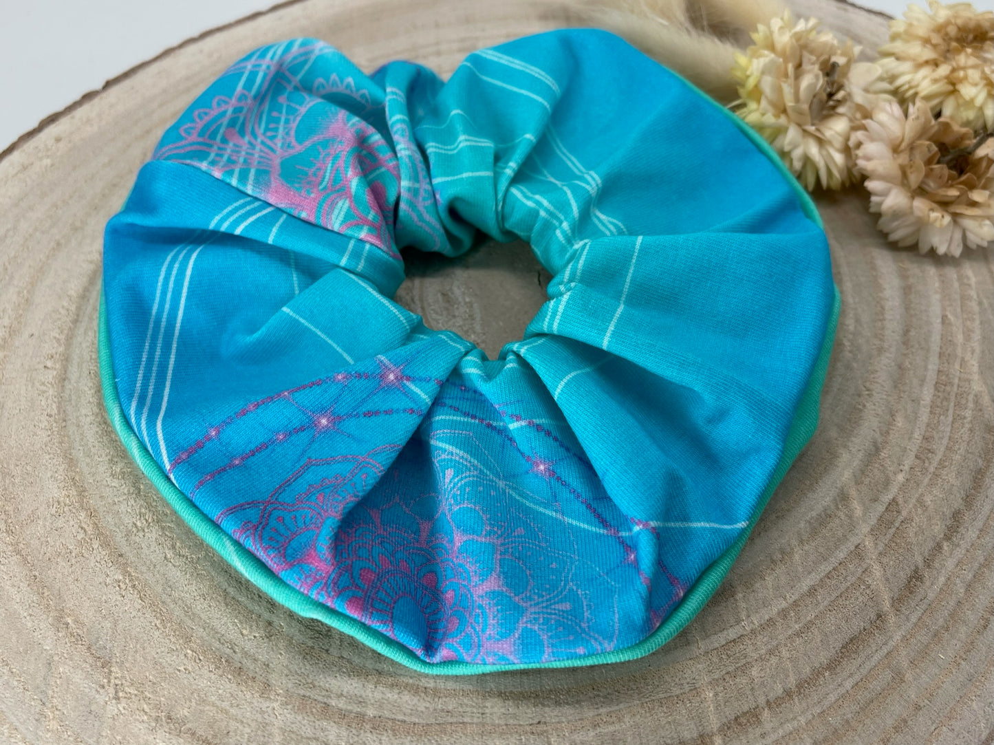 Scrunchie Haargummi blau mint mix mit Mandala