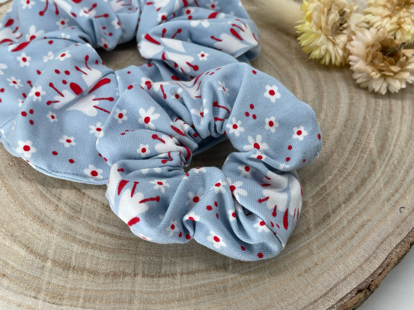 Scrunchie Haargummi elastisches Haarband Blumen Weiß blau für feines oder dickes Haar
