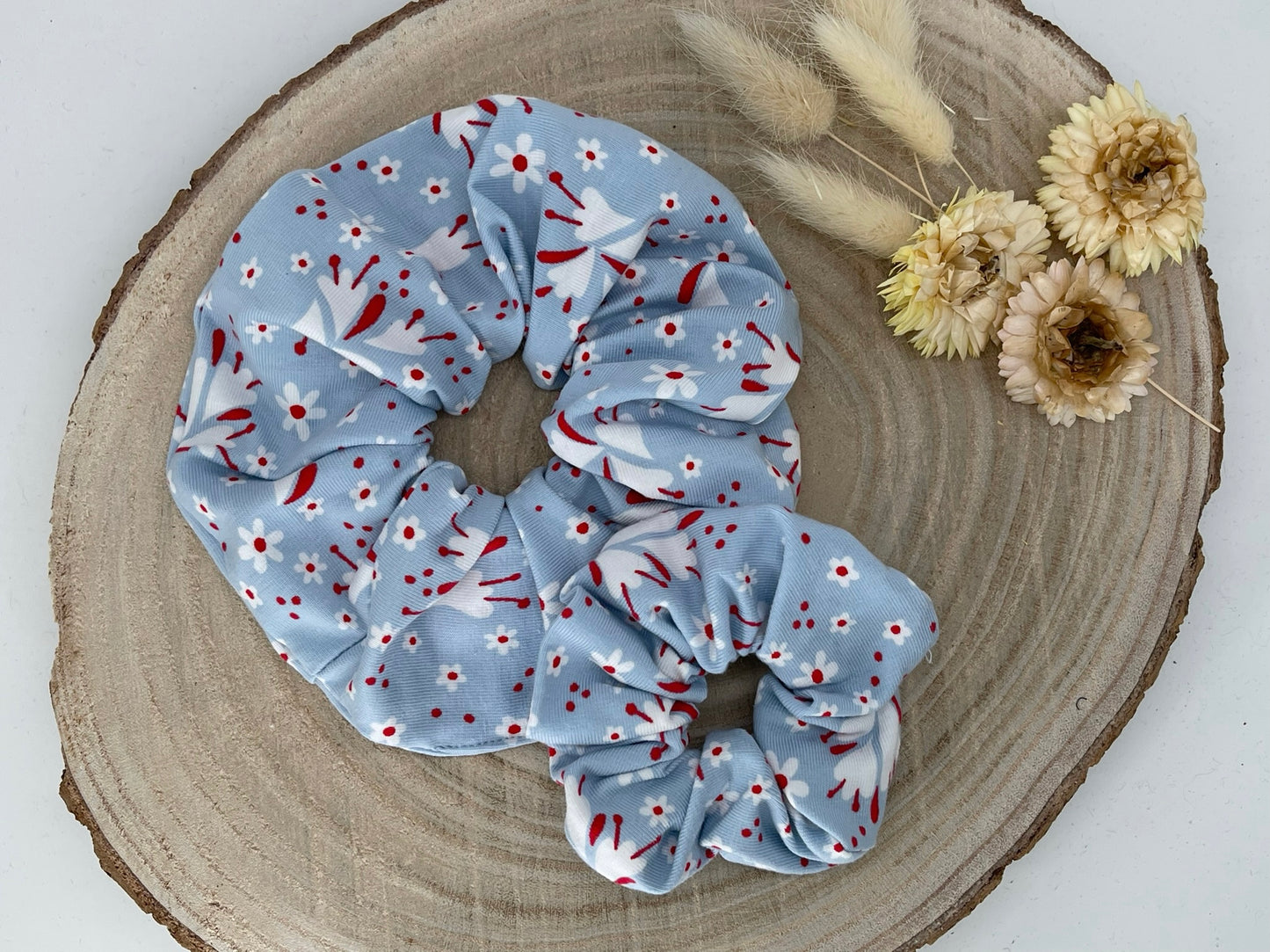 Scrunchie Haargummi elastisches Haarband Blumen Weiß blau für feines oder dickes Haar