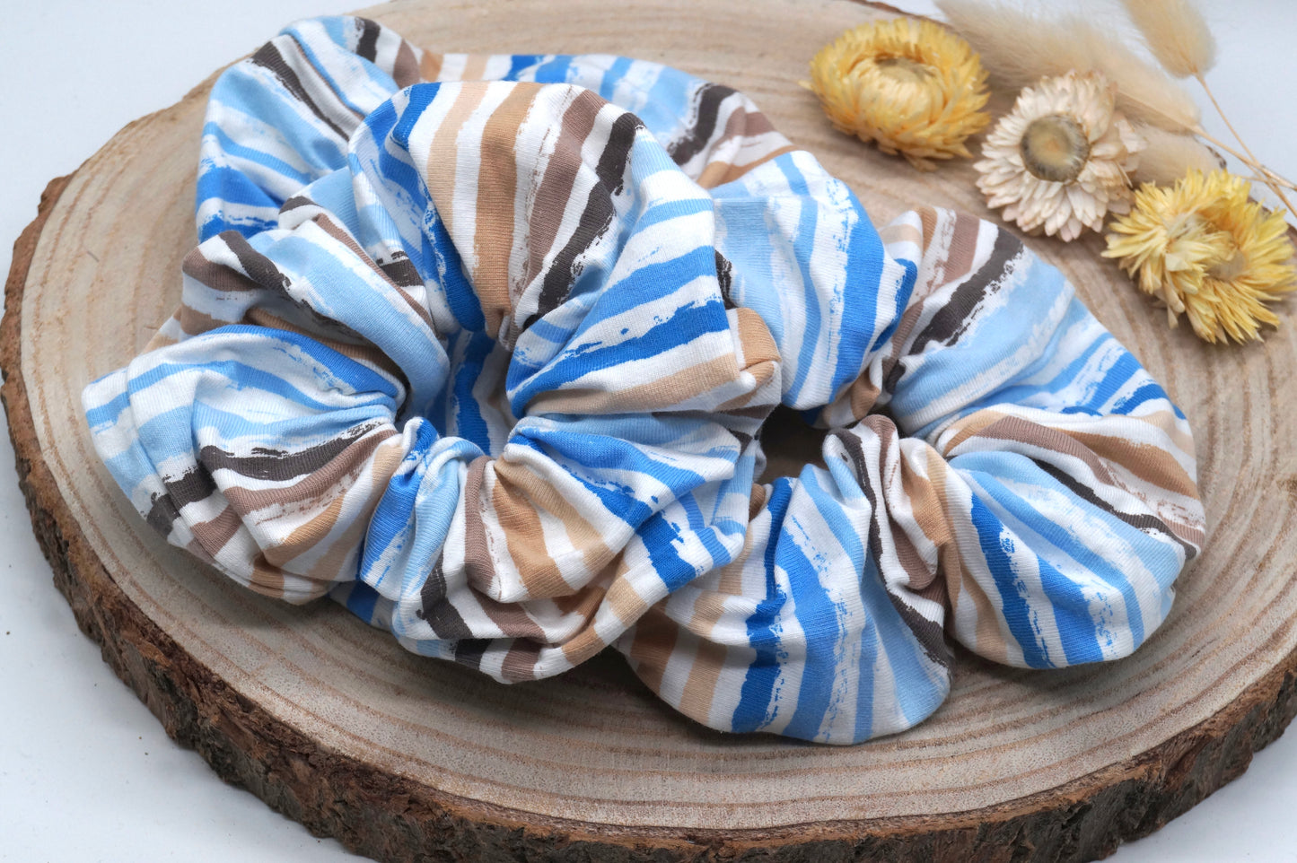 Scrunchie Haargummi elastisches Haarband Haarschmuck Streifen blau braun für feines oder dickes Haar