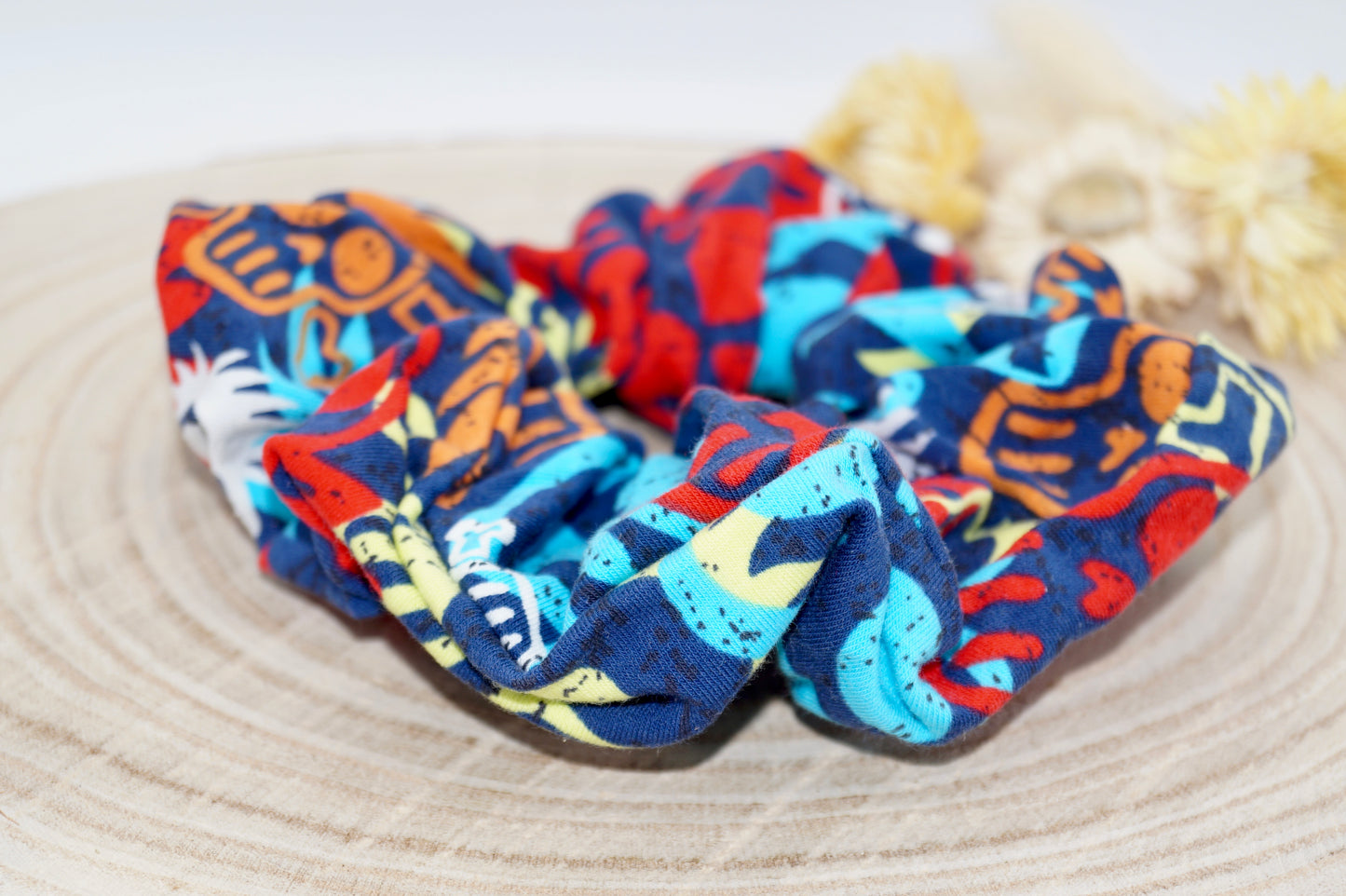 Jersey Scrunchie Haargummi Totenkopf bunt blau