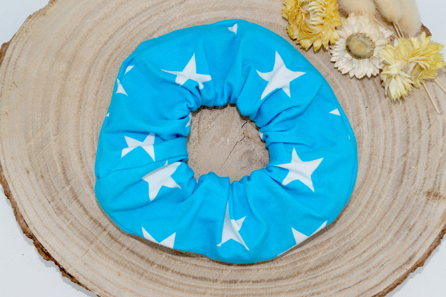 Scrunchie Haargummi weiße Sterne auf blau