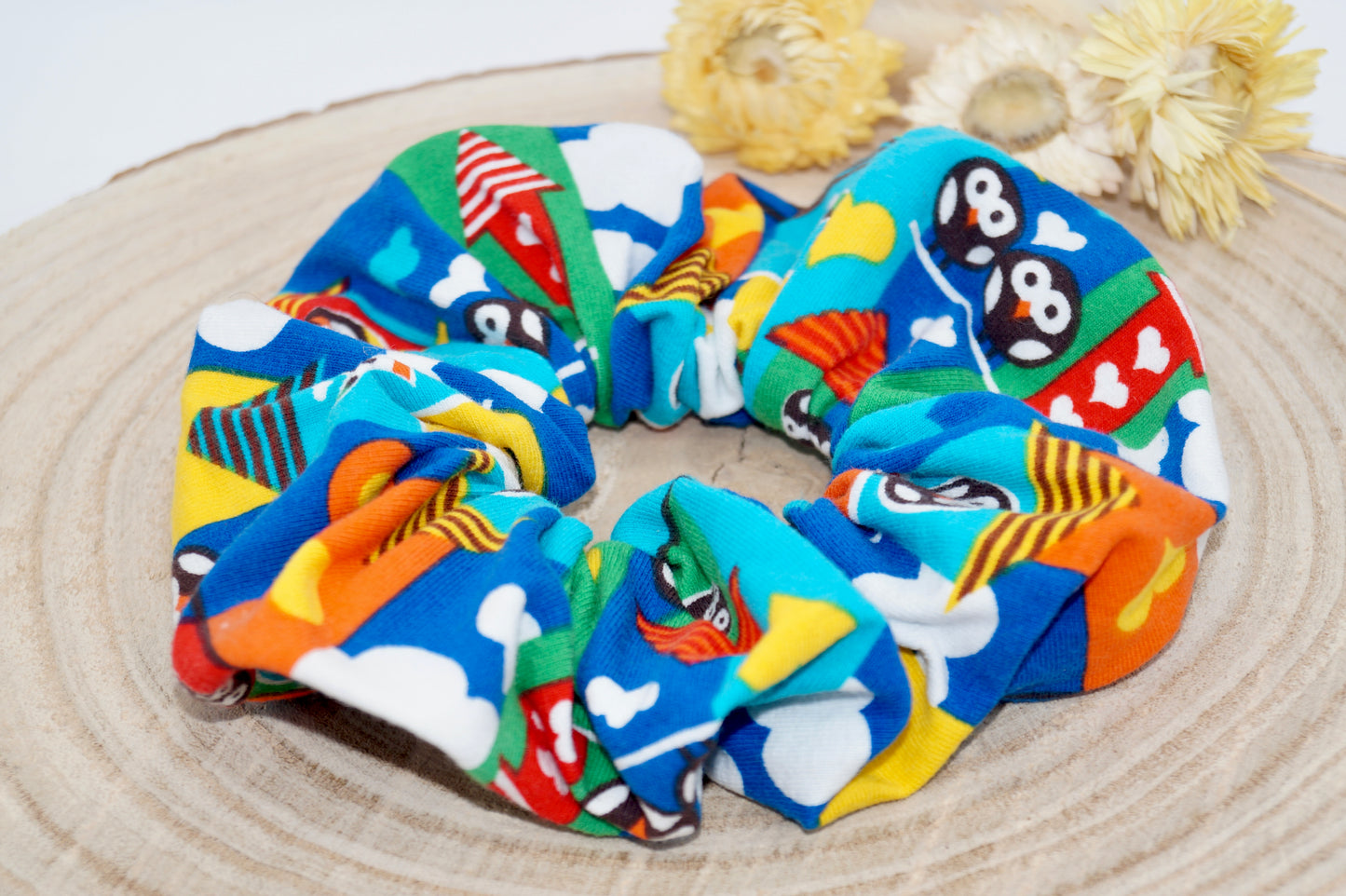 Scrunchie Haargummi buntes Eulen Dorf Blau