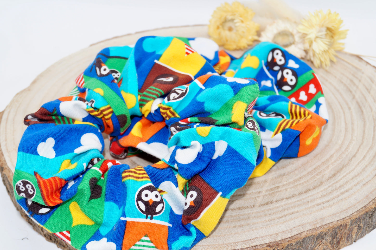 Scrunchie Haargummi buntes Eulen Dorf Blau