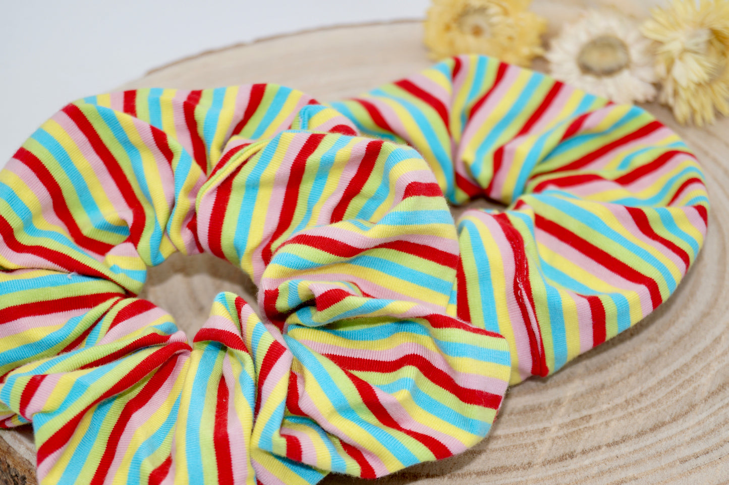 Jersey Scrunchie Haargummi kunderbunte Streifen grün gelb blau rosa