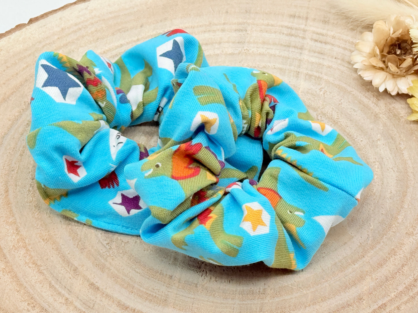 Jersey Scrunchie Haargummi Dinosaurier blau