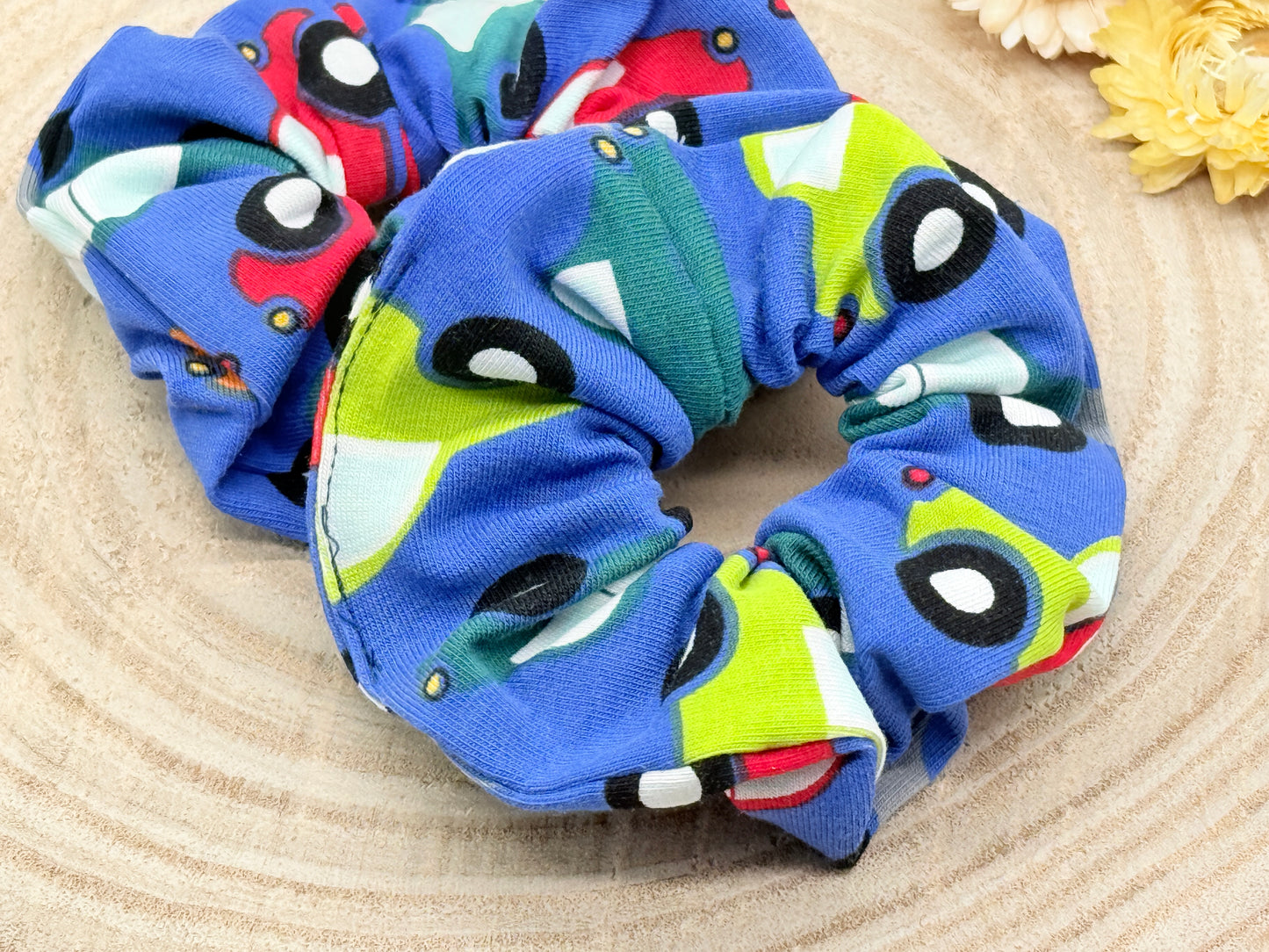 Jersey Scrunchie Haargummi bunte Autos blau