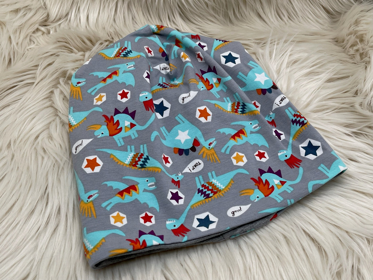 Wendebeanie Dino grau