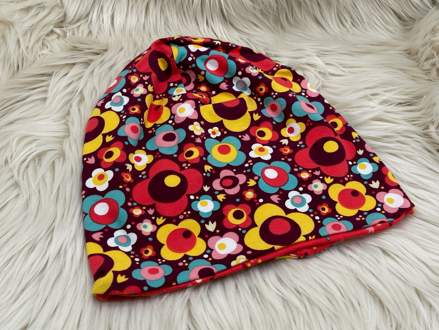 Wendebeanie bunte Blumen auf braun