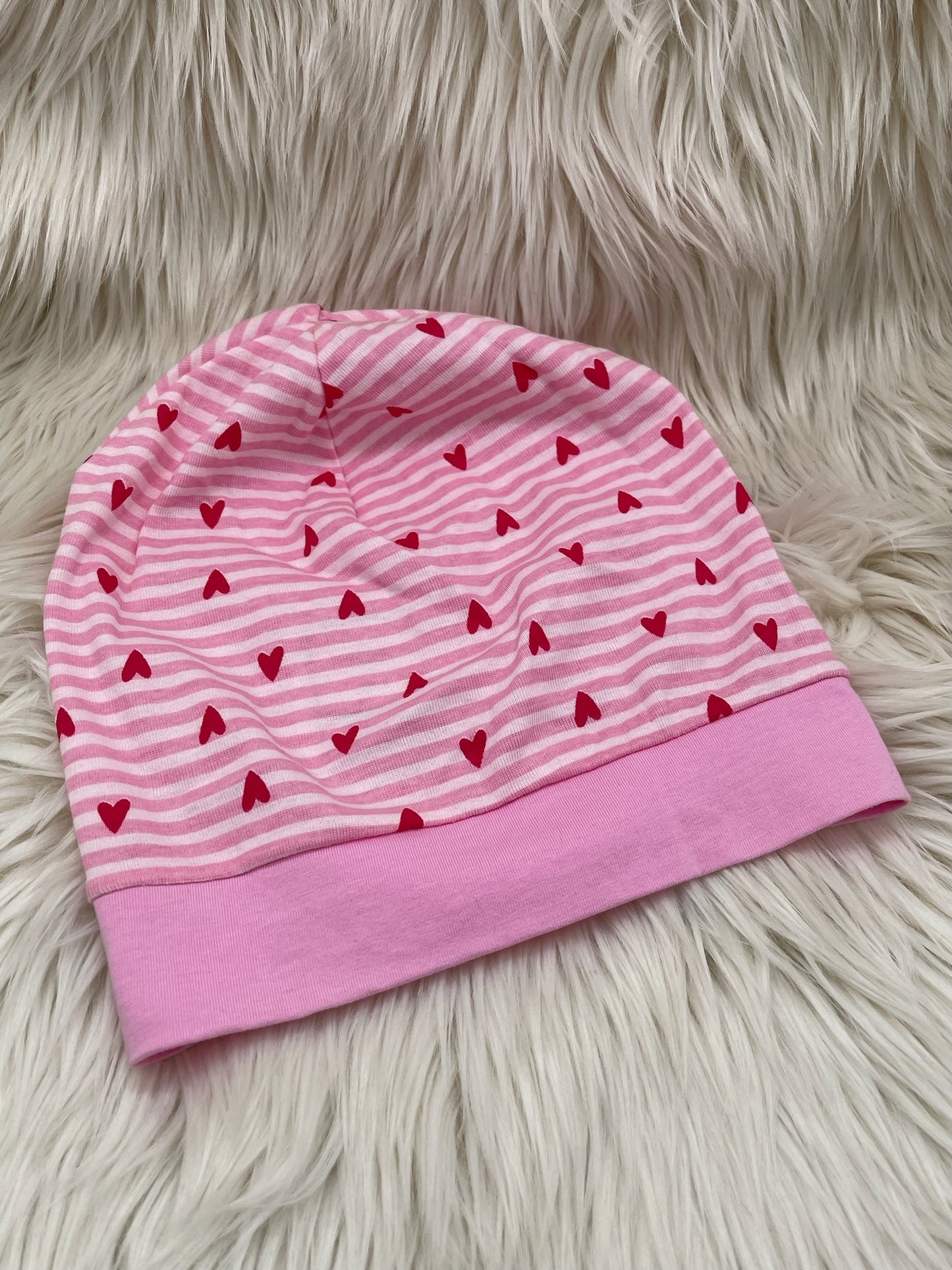Beanie Herzen streifen rosa/weiss/rot
