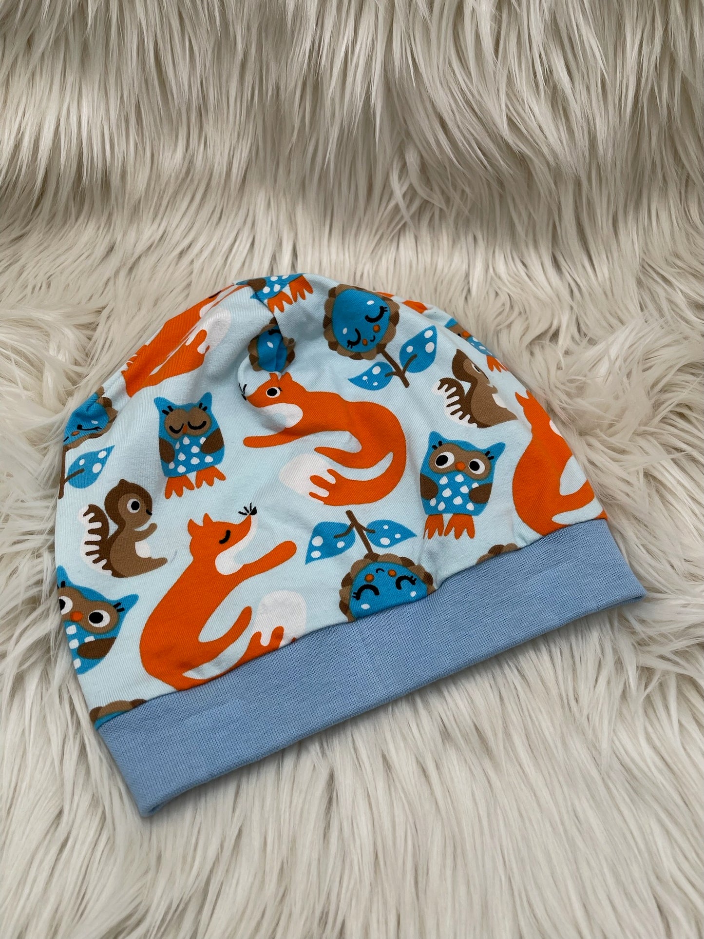Beanie Füchse & Eulen blau B-Ware
