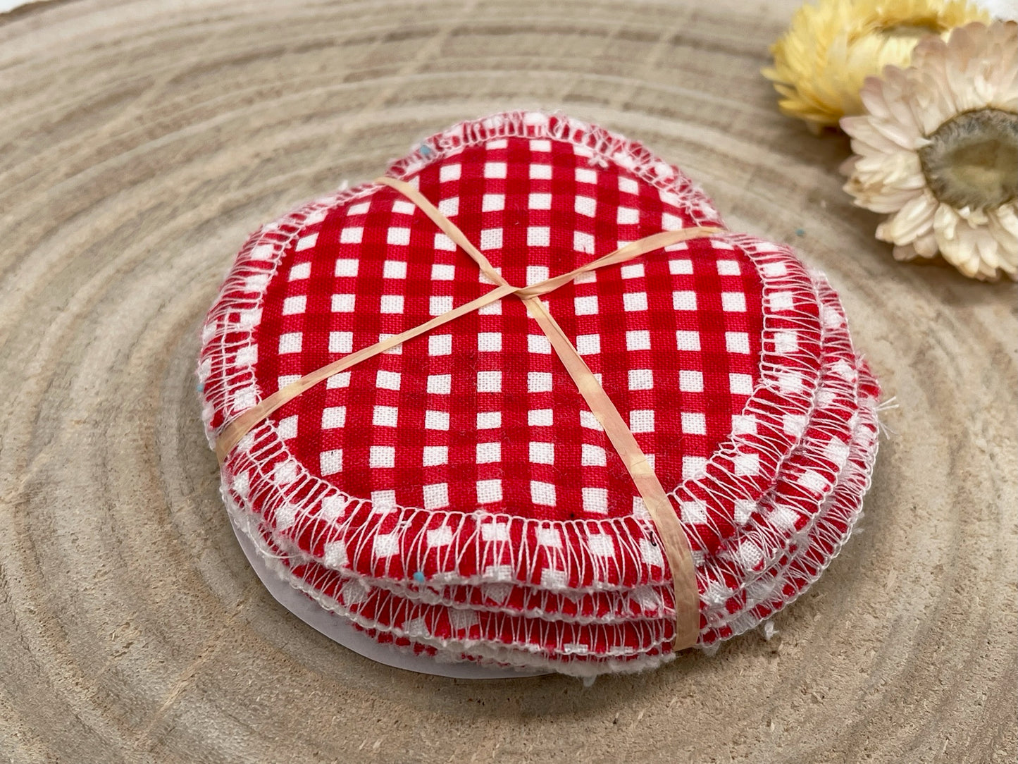 5 waschbare Abschminkpads rot kariert