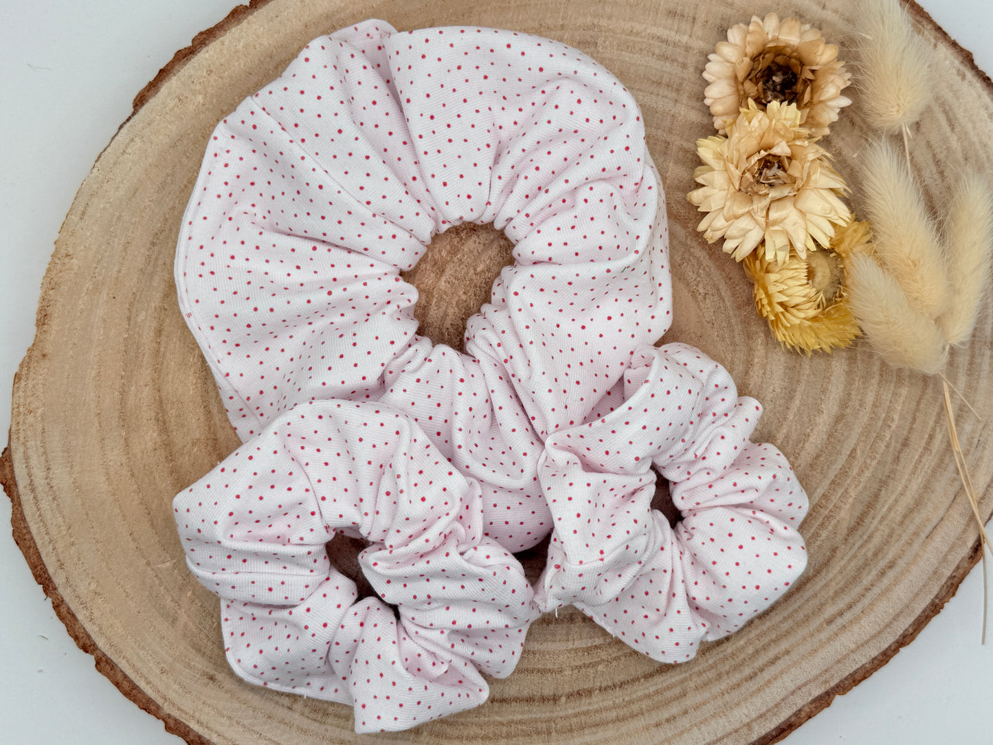 Jersey Scrunchie Haargummi weiss mit roten Punkten