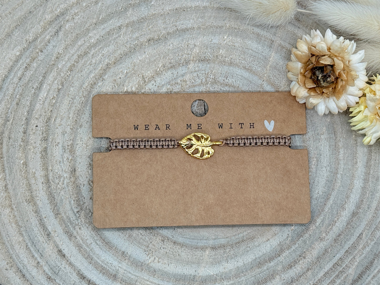 Makramee Armband Freundschaftsarmband großes Monster Blatt Edelstahl vergoldet