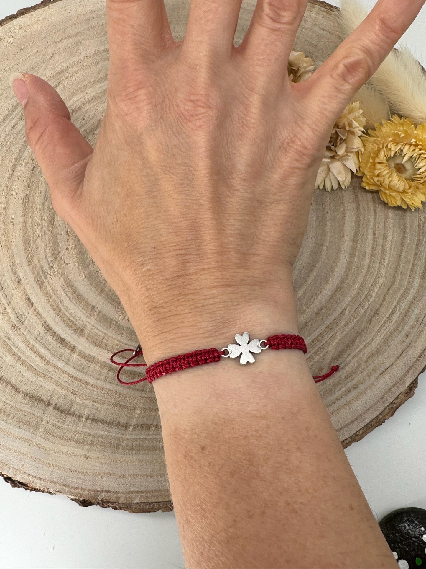 Makramee Armband Freundschaftsarmband Kleeblatt silberfarbenen Edelstahl