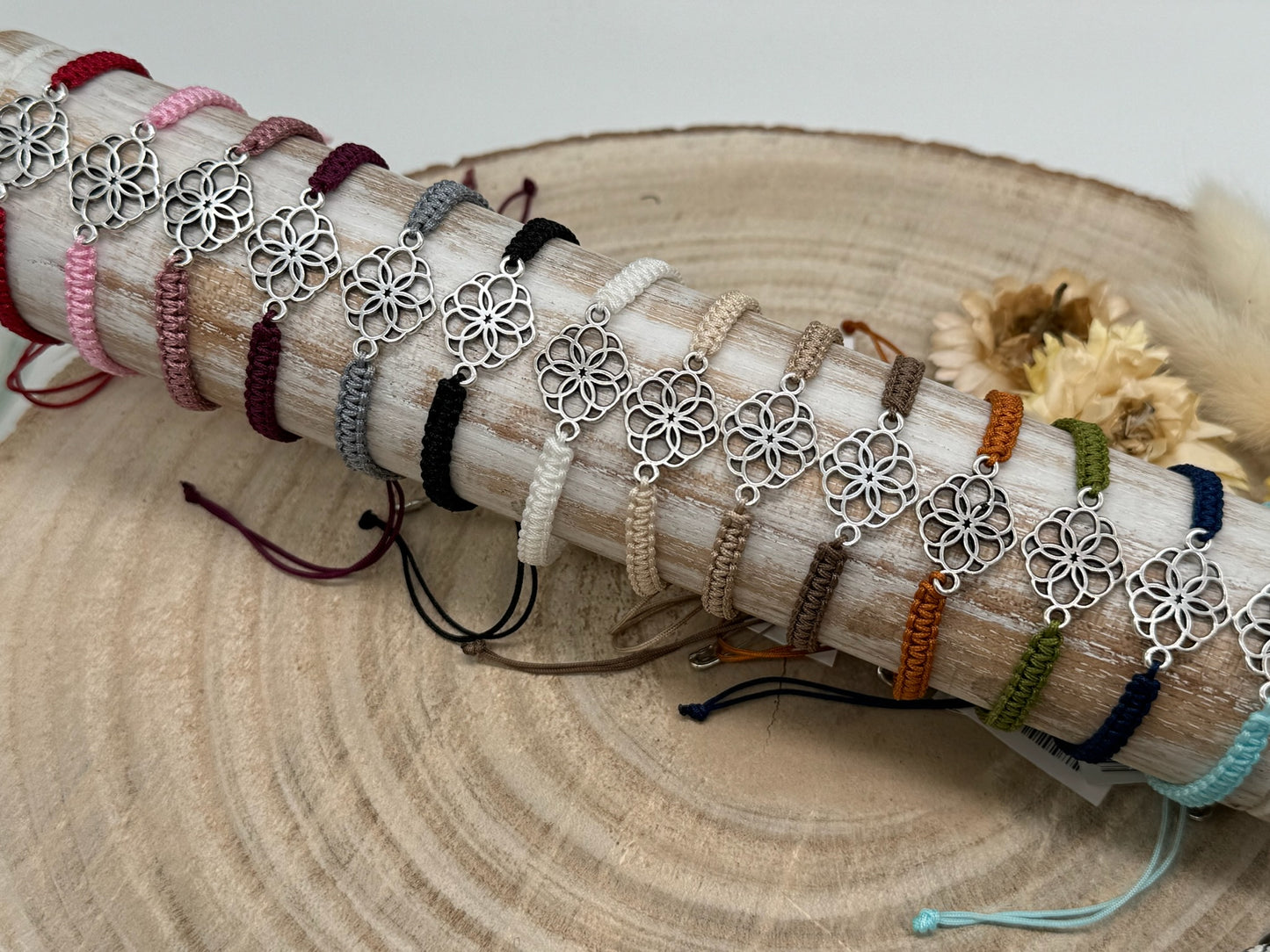 Freundschaftsarmband Makramee Schmuck Armband Blumen Mosaik silberfarben