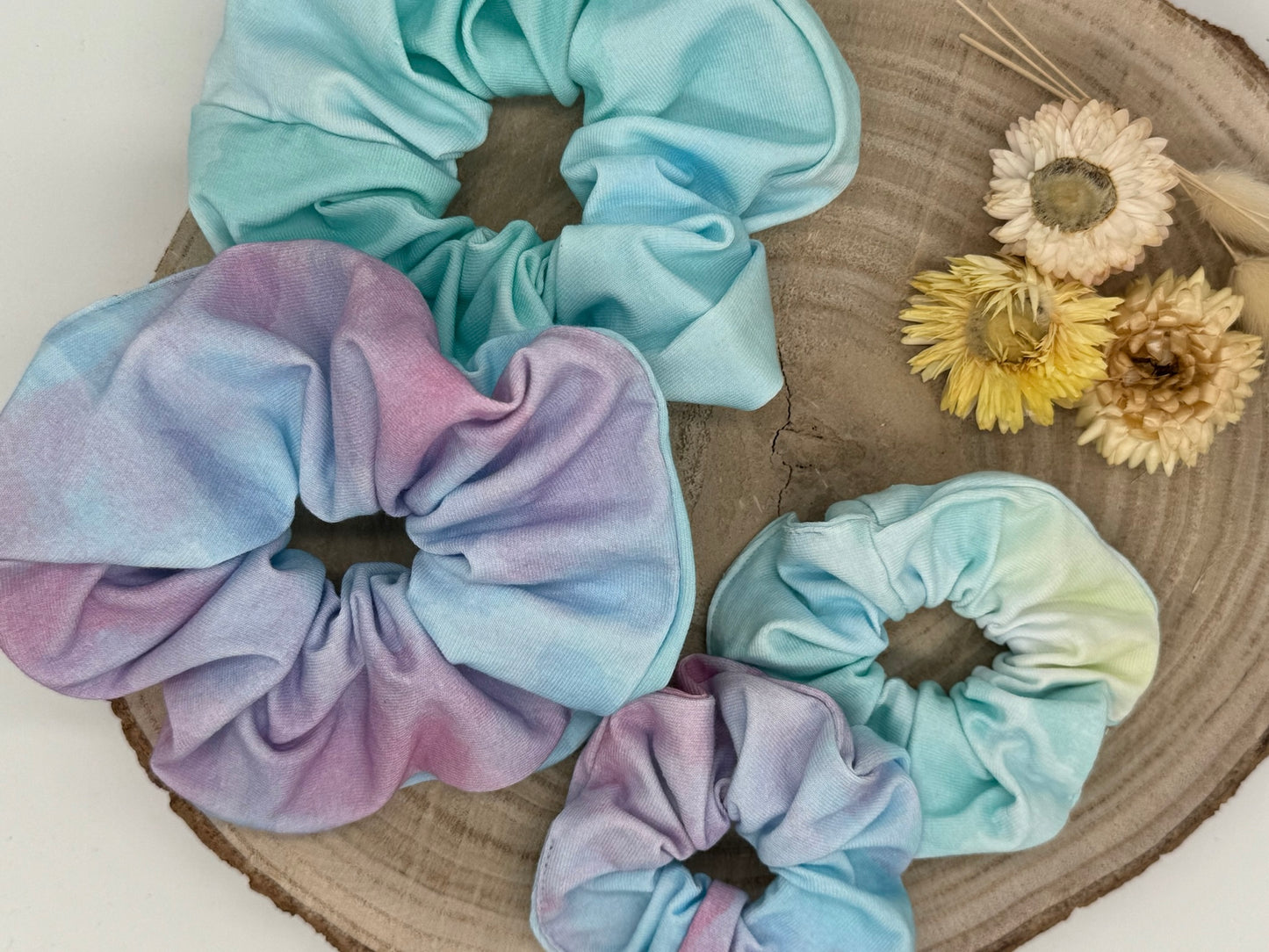 Jersey Scrunchie Haargummi Batik rosa/blau gelb/blau