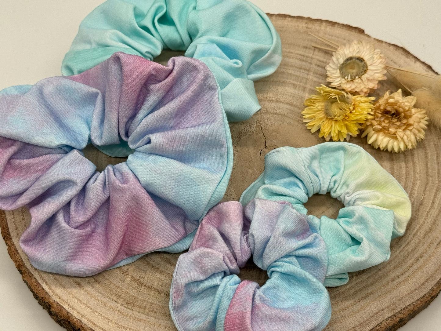 Jersey Scrunchie Haargummi Batik rosa/blau gelb/blau