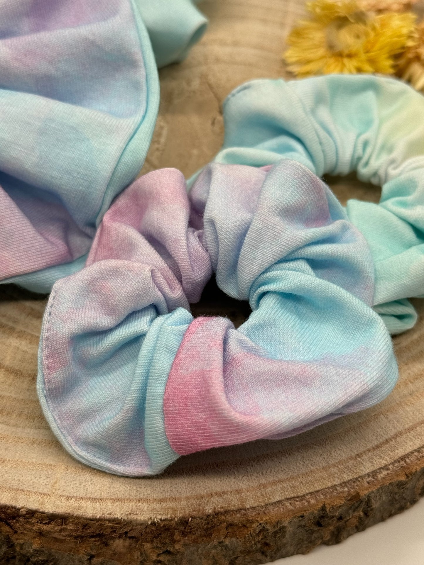 Jersey Scrunchie Haargummi Batik rosa/blau gelb/blau
