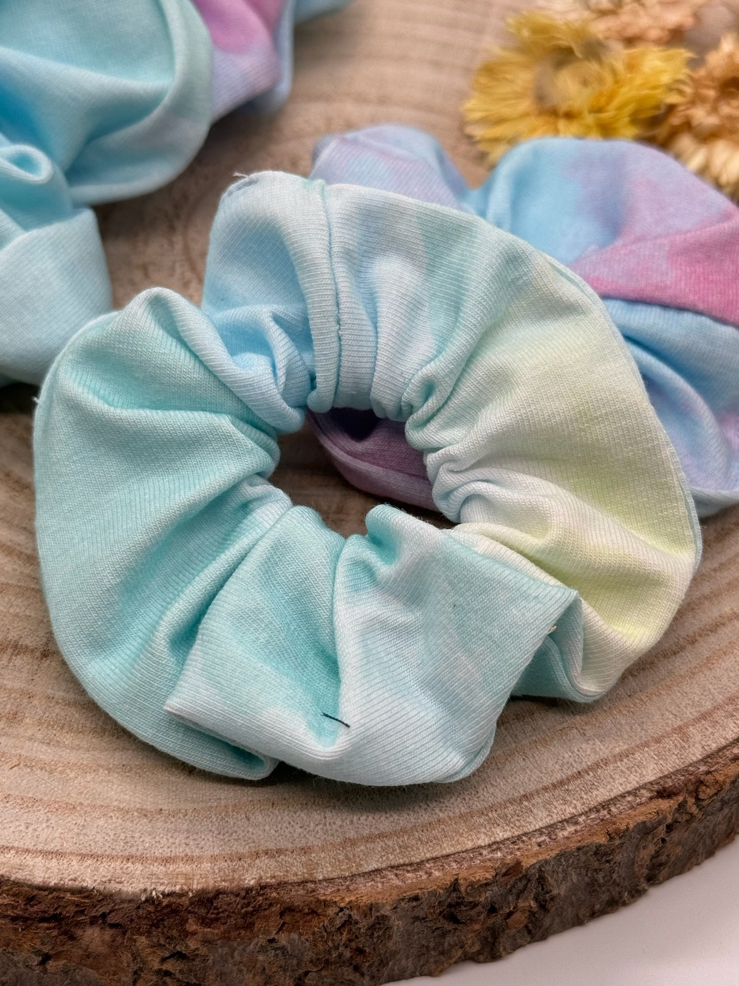 Jersey Scrunchie Haargummi Batik rosa/blau gelb/blau
