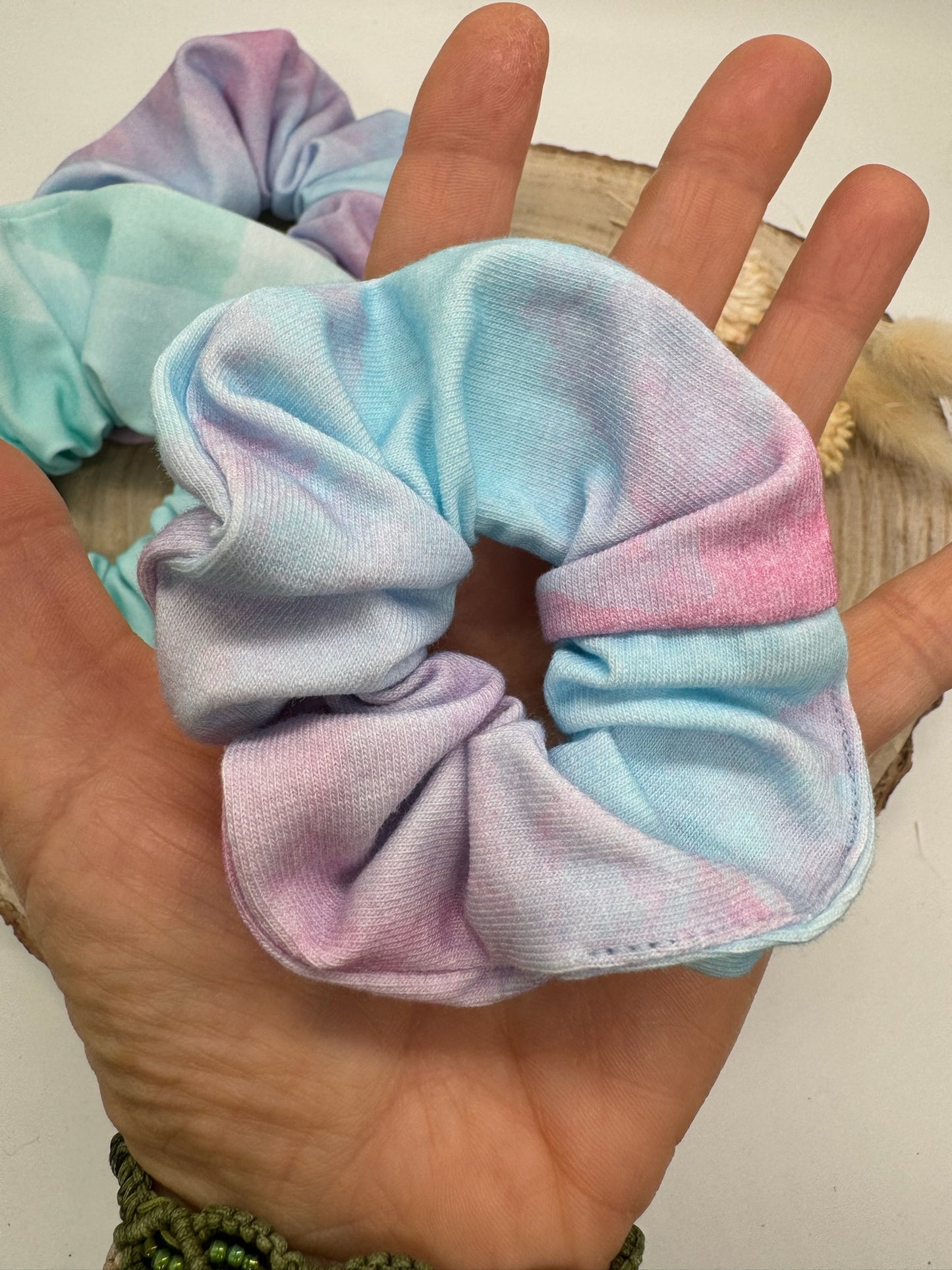 Jersey Scrunchie Haargummi Batik rosa/blau gelb/blau
