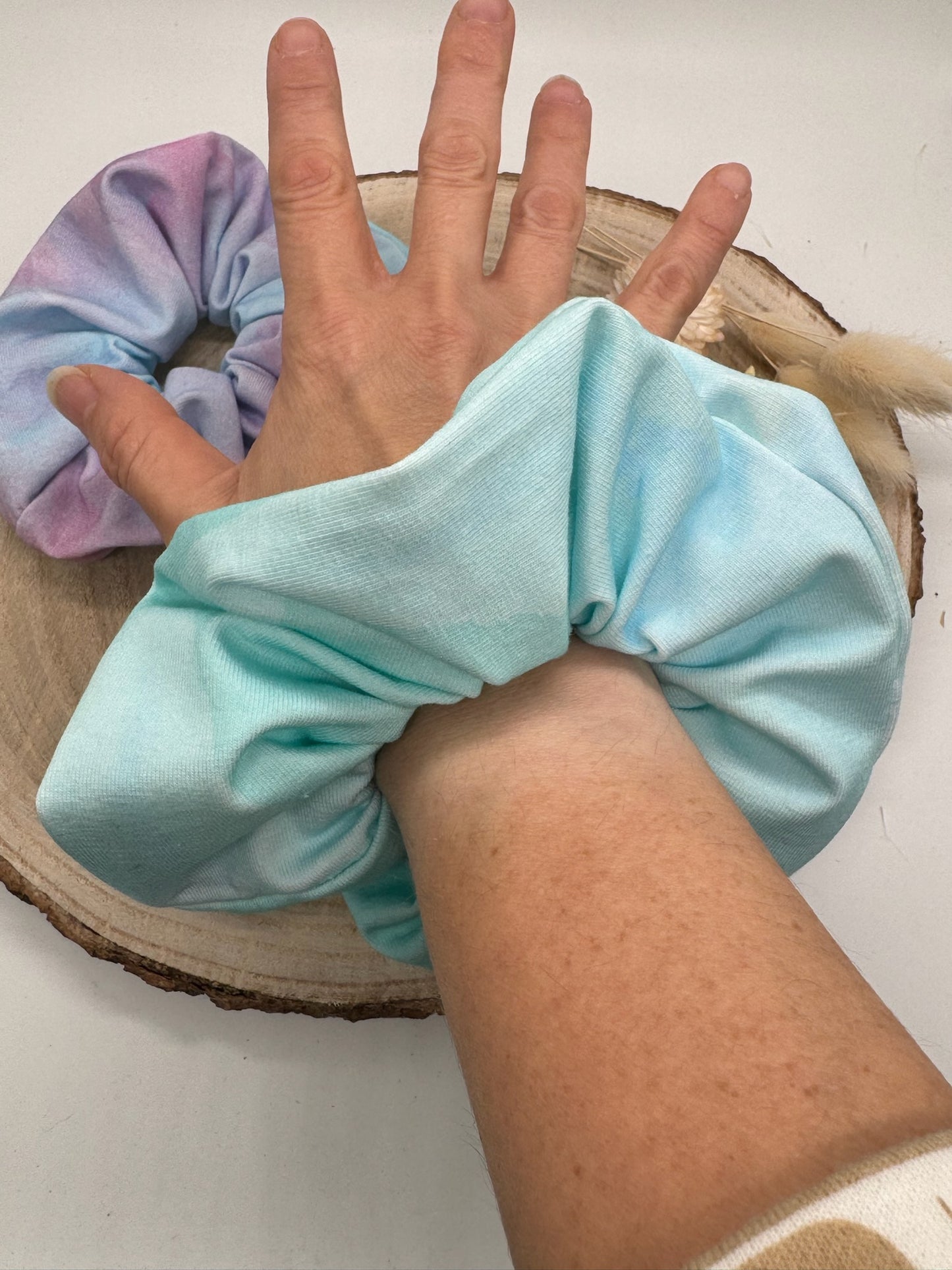 Jersey Scrunchie Haargummi Batik rosa/blau gelb/blau