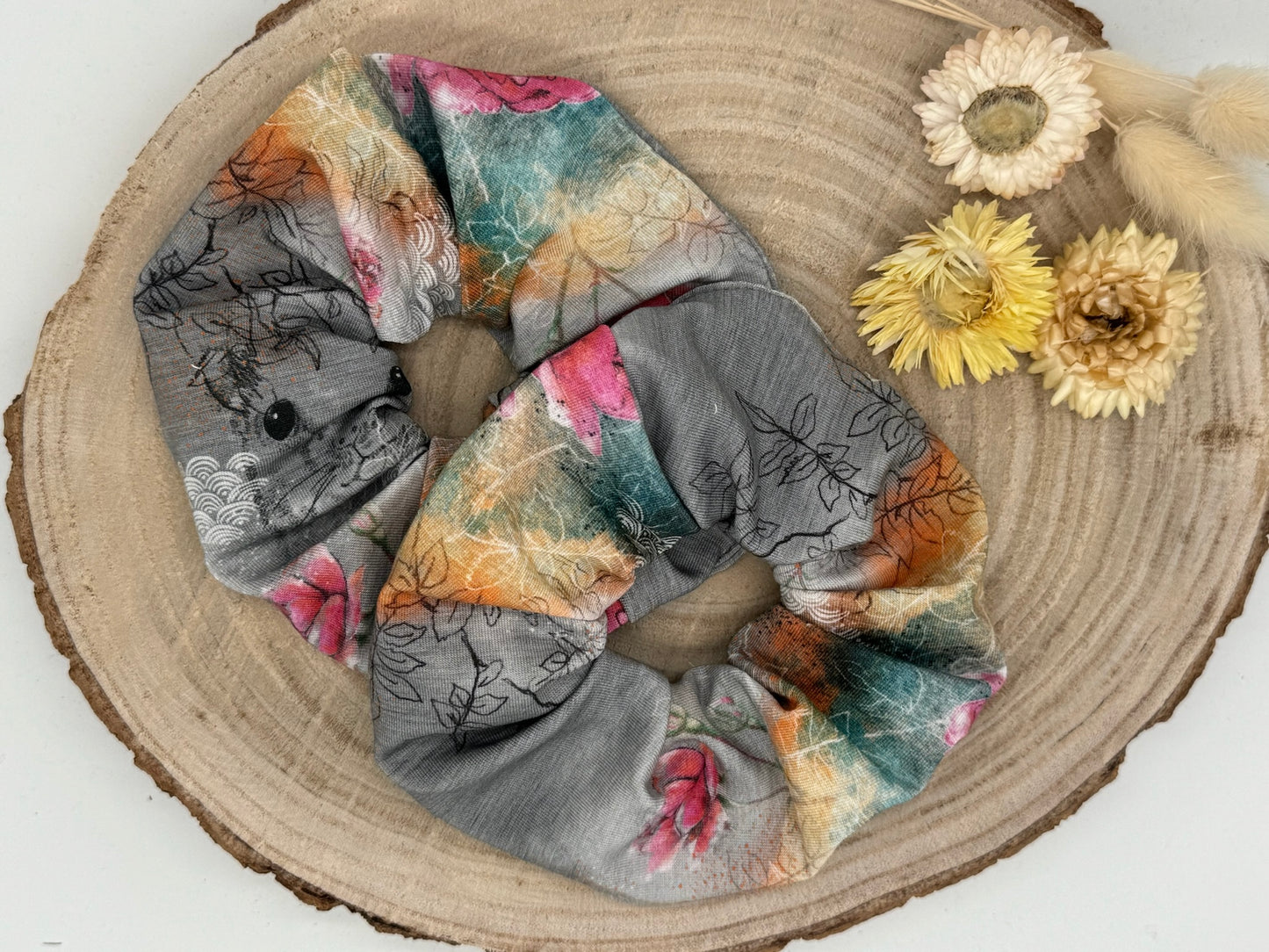 Modal Scrunchie Haargummi graue Blumenwelt