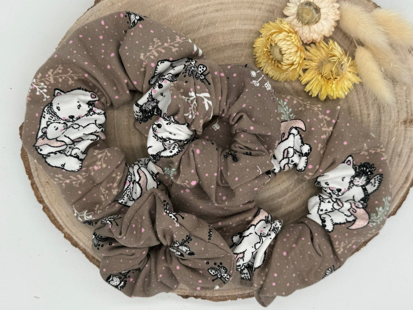 Scrunchie Haargummi elastisches Haarband für feines oder dickes Haar Bären liebe auf braun