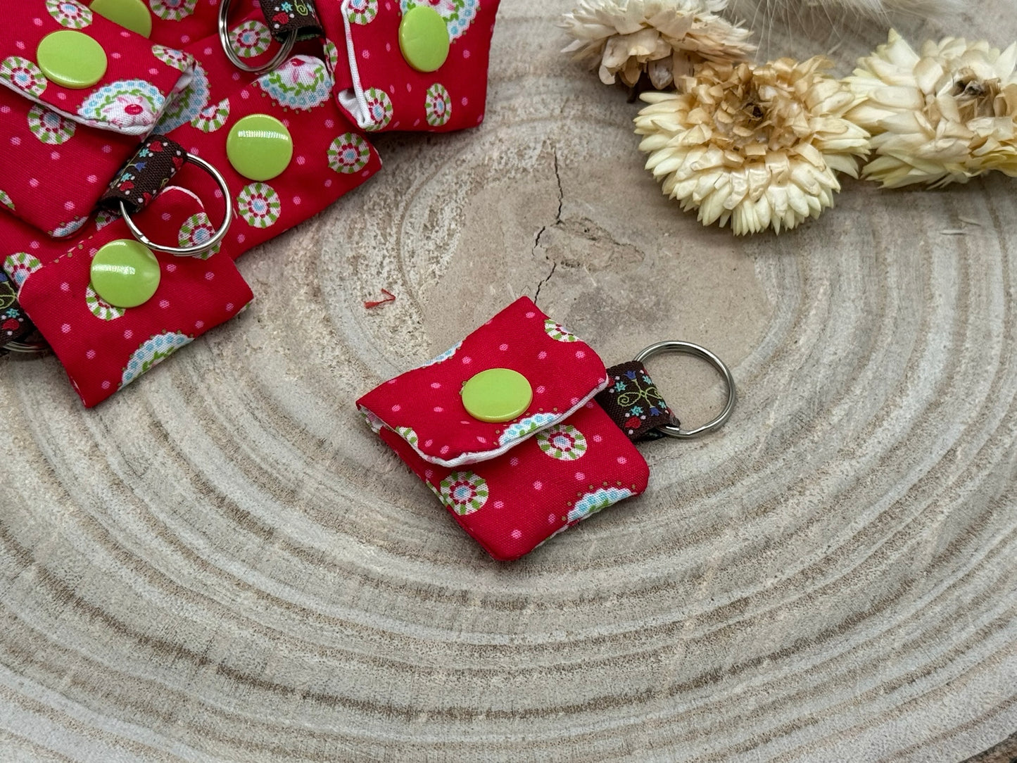 Schlüsselanhänger Mini Tasche mit Einkaufswagenchip praktische Mini Geldbörse rot mit Muster