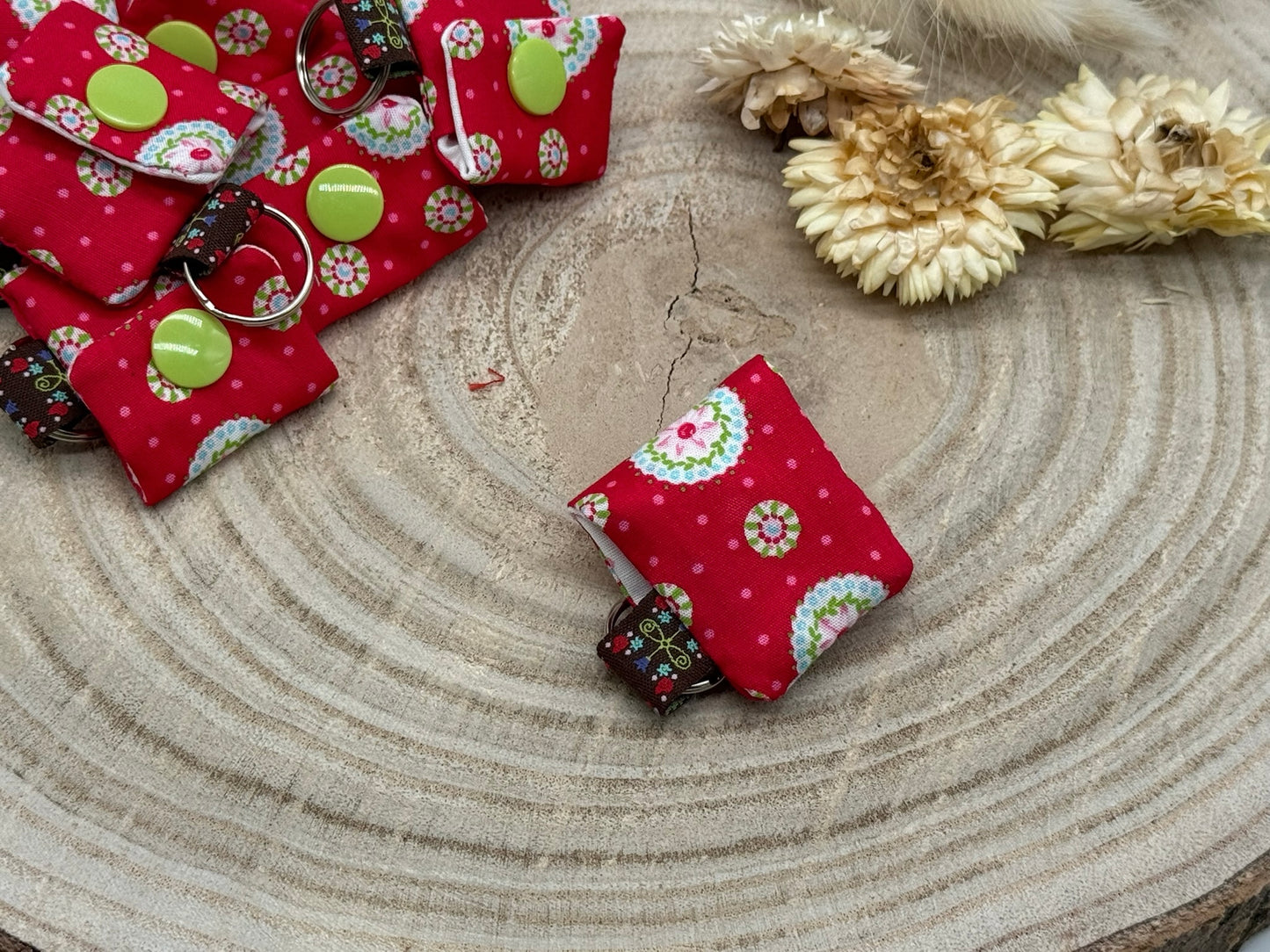 Schlüsselanhänger Mini Tasche mit Einkaufswagenchip praktische Mini Geldbörse rot mit Muster