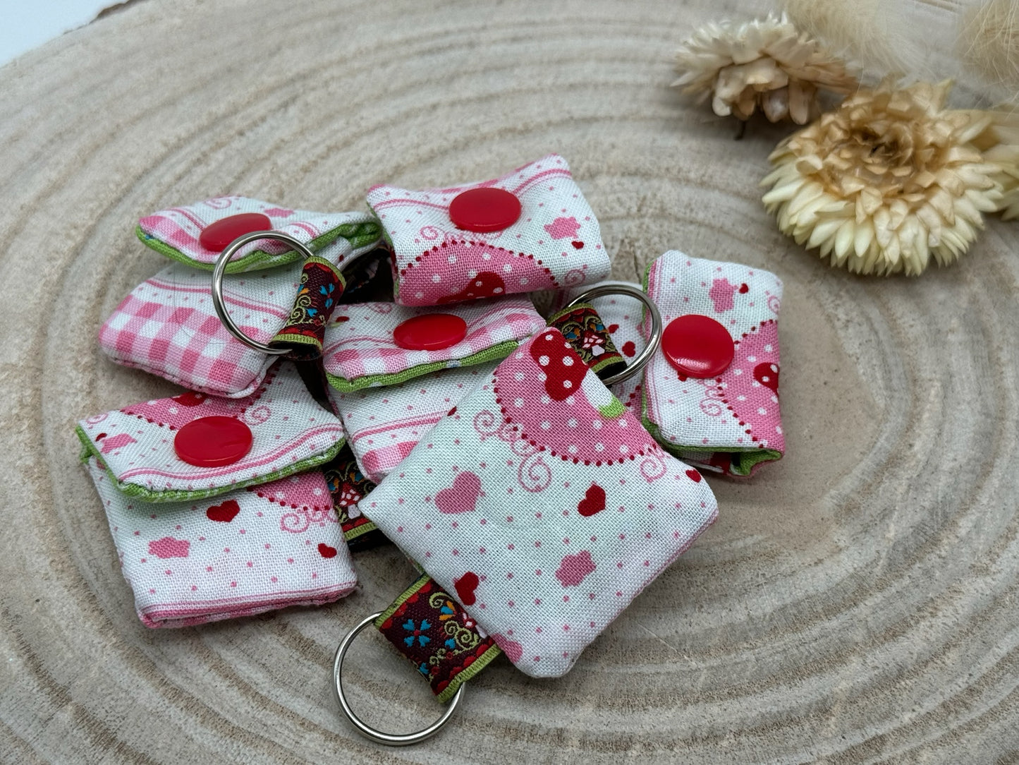 Schlüsselanhänger Mini Tasche mit Einkaufswagenchip praktische Mini Geldbörse weiß mit Pilze