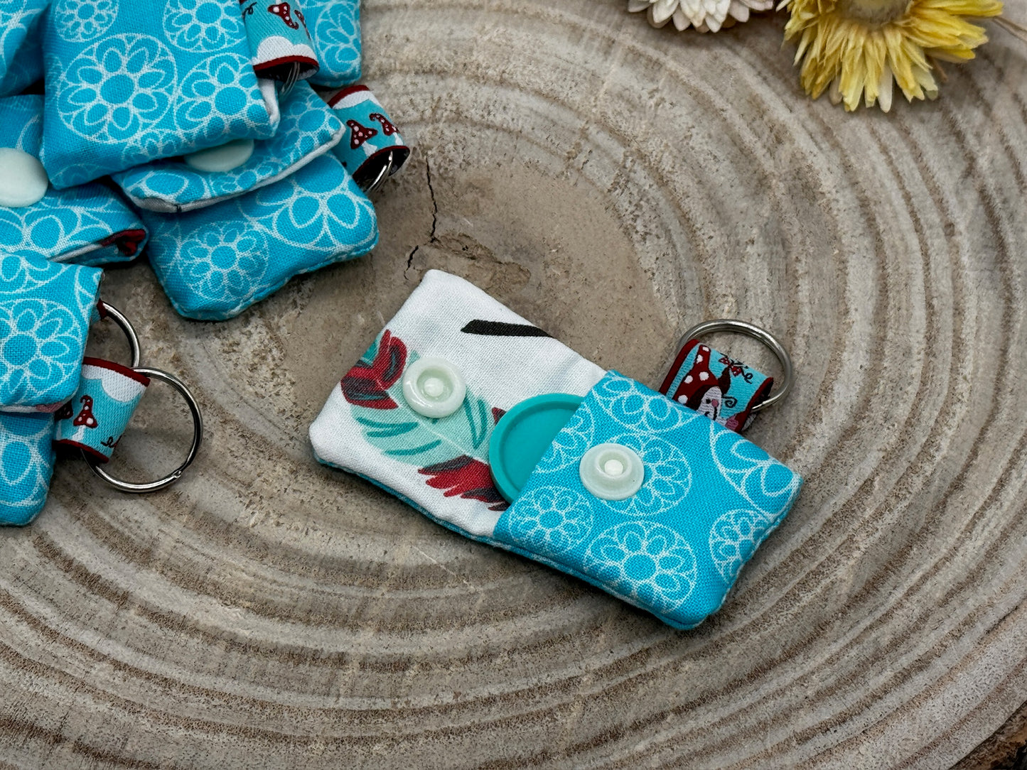 Schlüsselanhänger Mini Tasche mit Einkaufswagenchip praktische Mini Geldbörse blau mit Muster