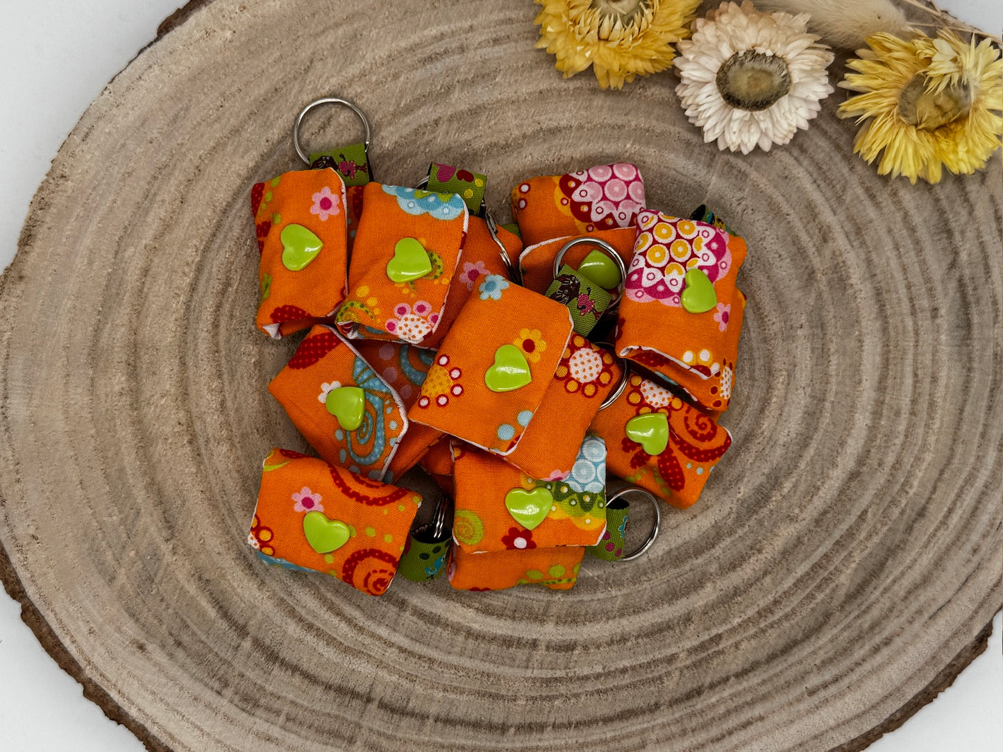 Schlüsselanhänger Mini Tasche orange mit Blumen