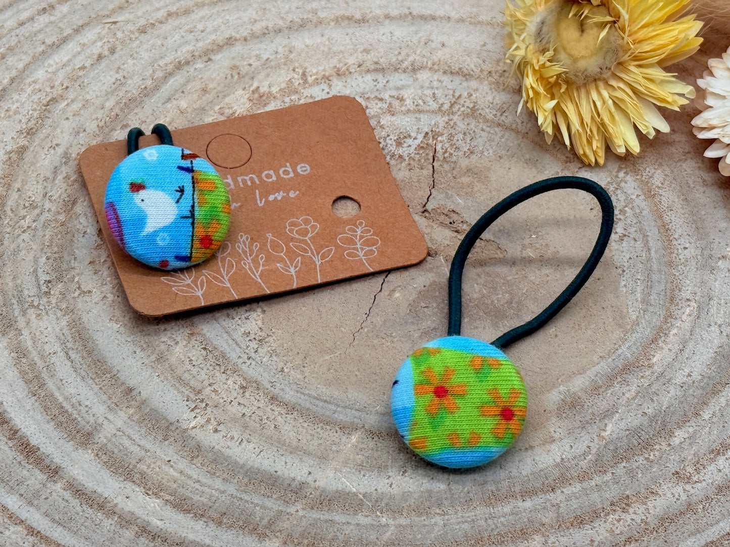 Retro Knopf Haargummi lustige Vögel blau