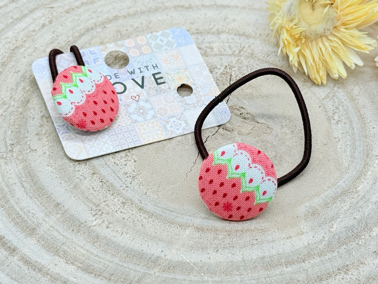 Retro Knopf Haargummi Erdbeere Muster rosa