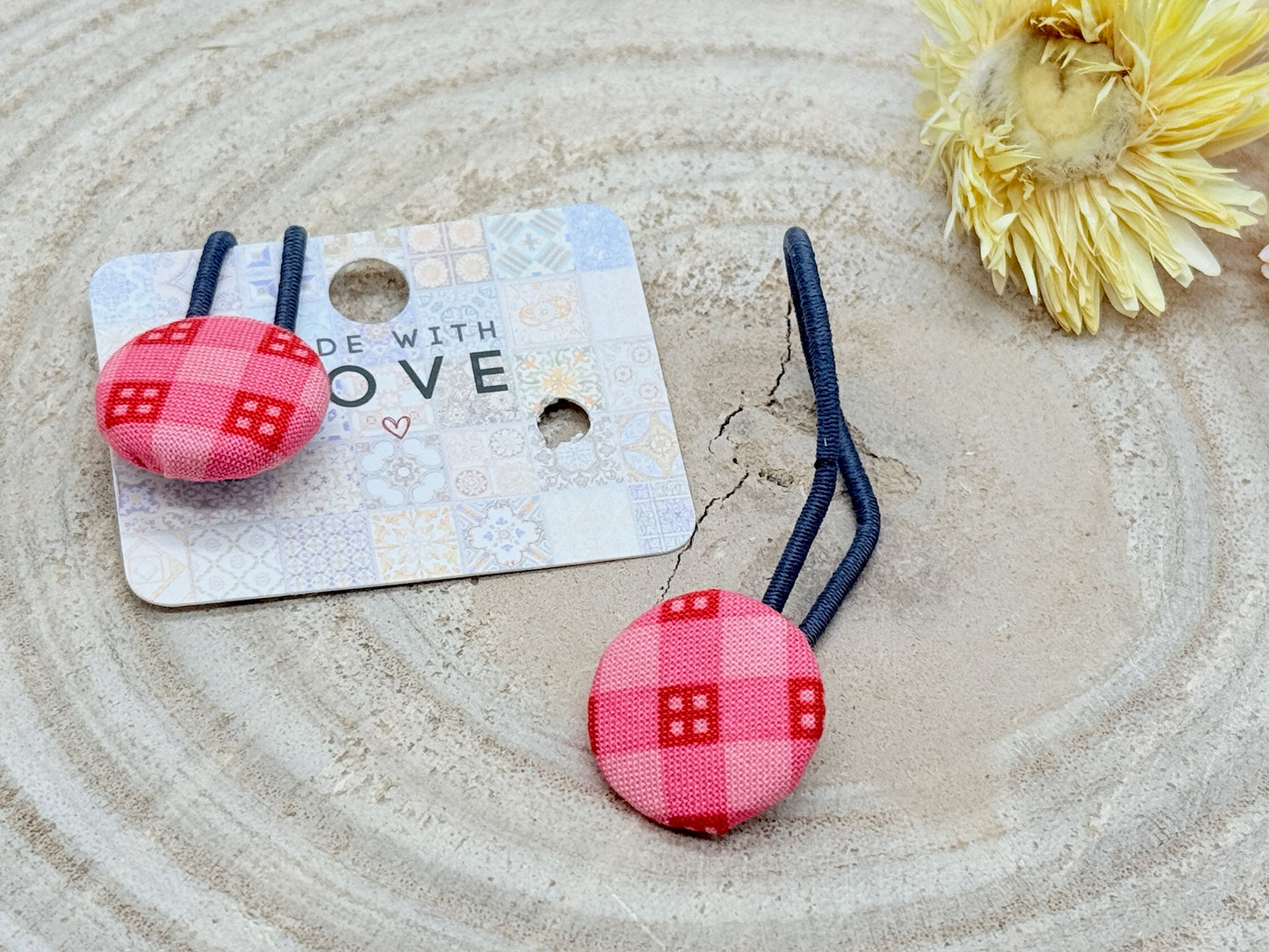 Retro Knopf Haargummi Karo rosa