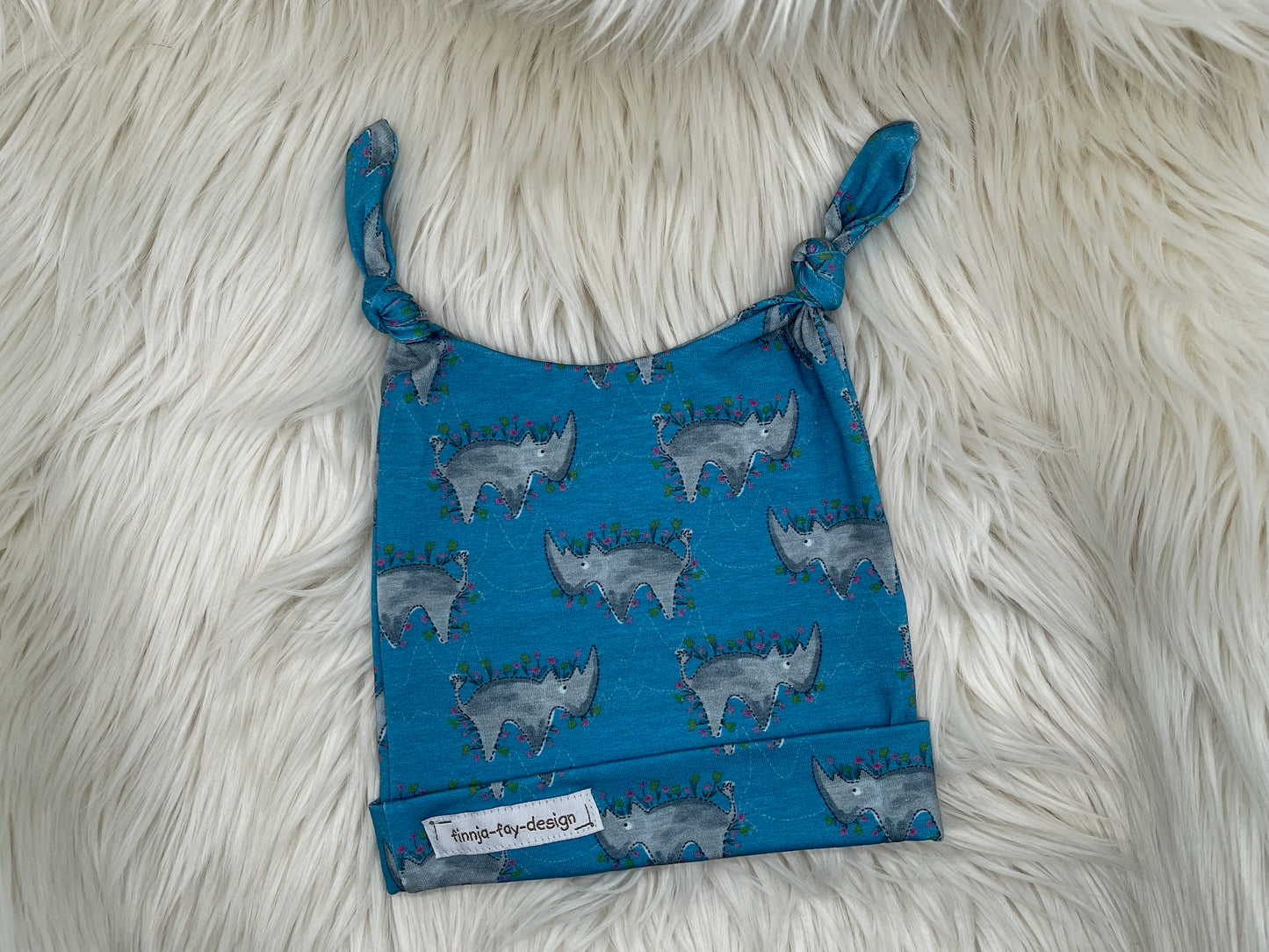 SALE Knotenmütze Eulchen mit Nashorn blau