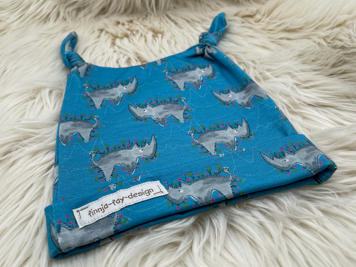 SALE Knotenmütze Eulchen mit Nashorn blau