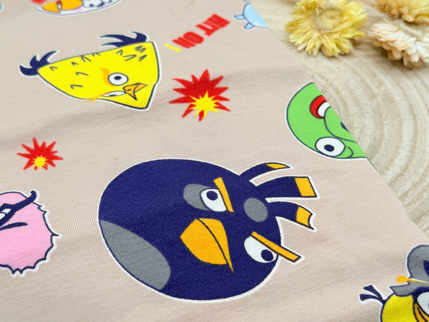 Jersey Reststück freche Vögel beige