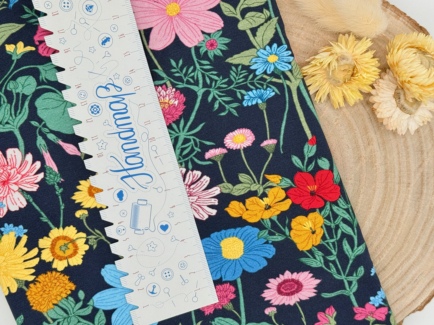 Jersey Reststück Blumen Wiese nachtblau