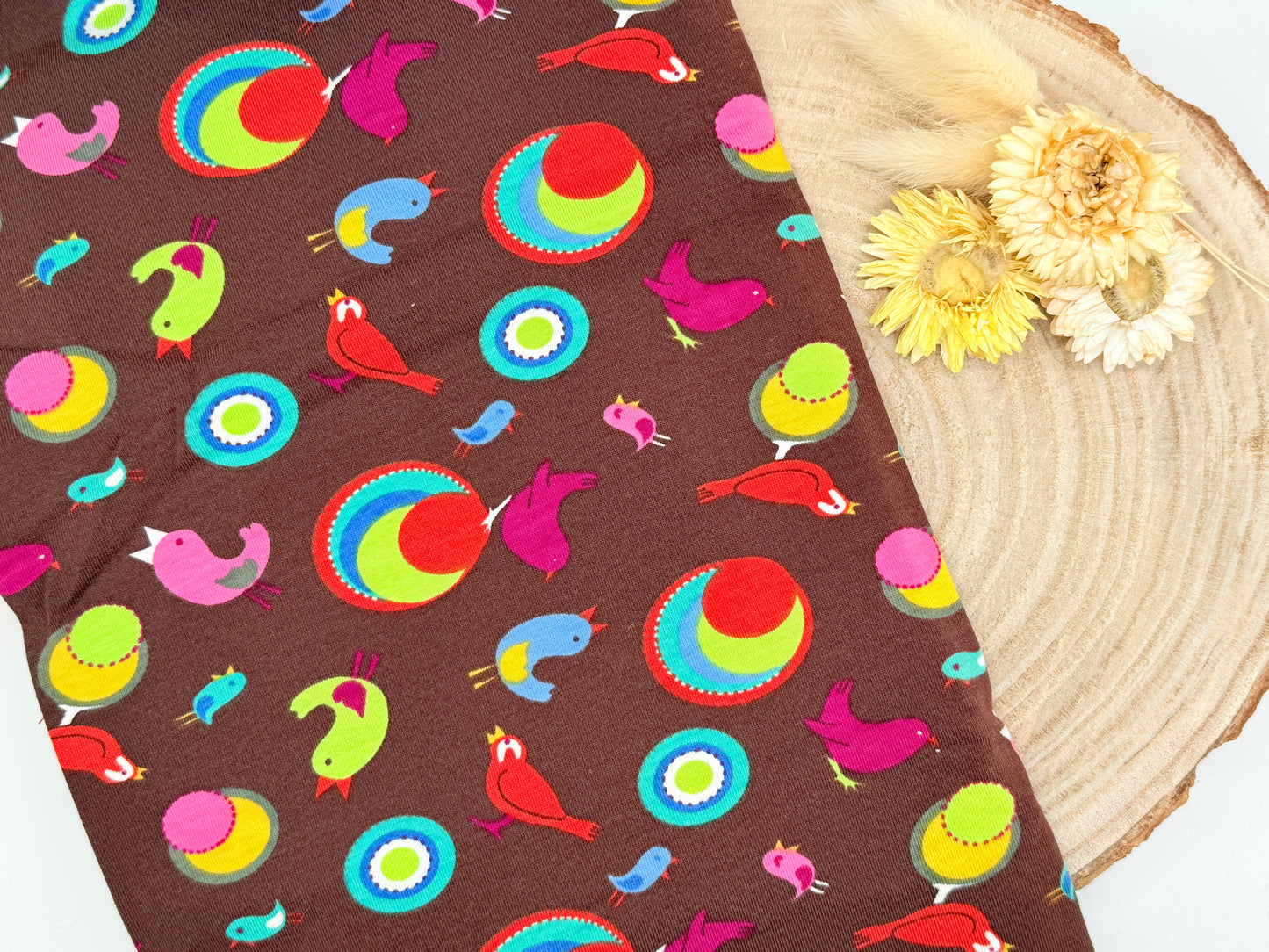 Jersey Reststück bunte Vögel braun