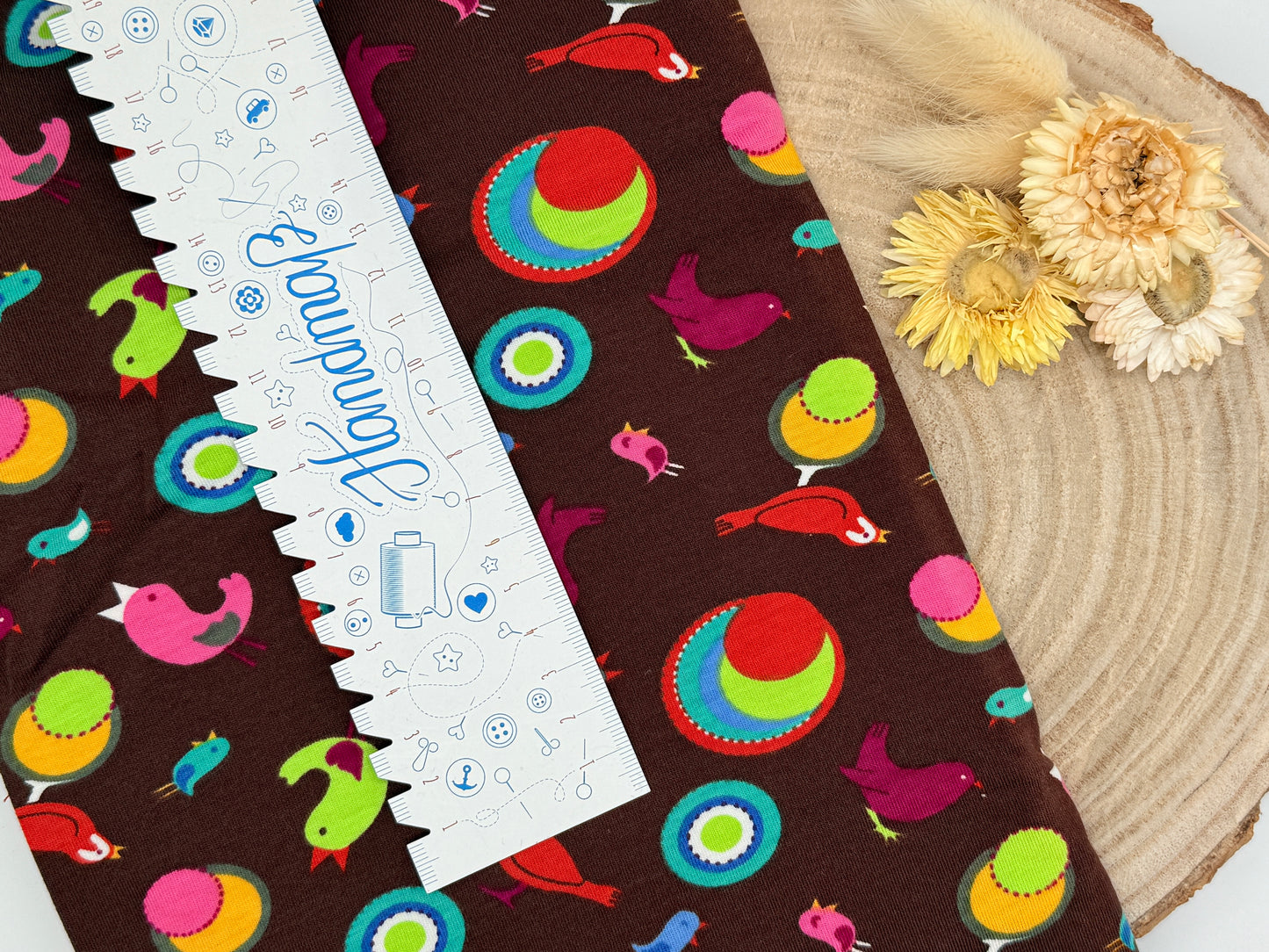 Jersey Reststück bunte Vögel braun