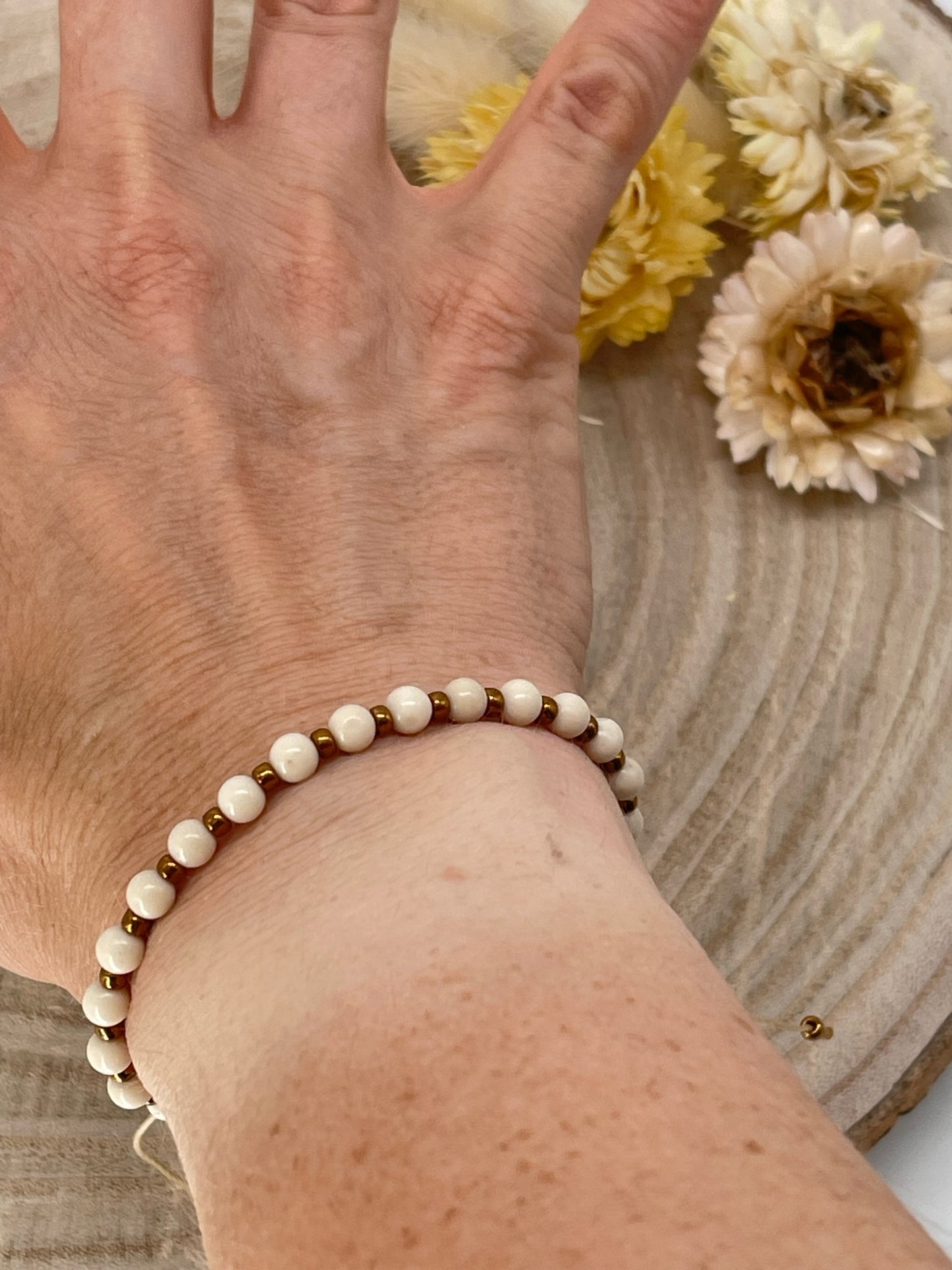 Halbedelstein Freundschaftsarmband Makramee Schmuck Calcit & Mamor Creme Weiß