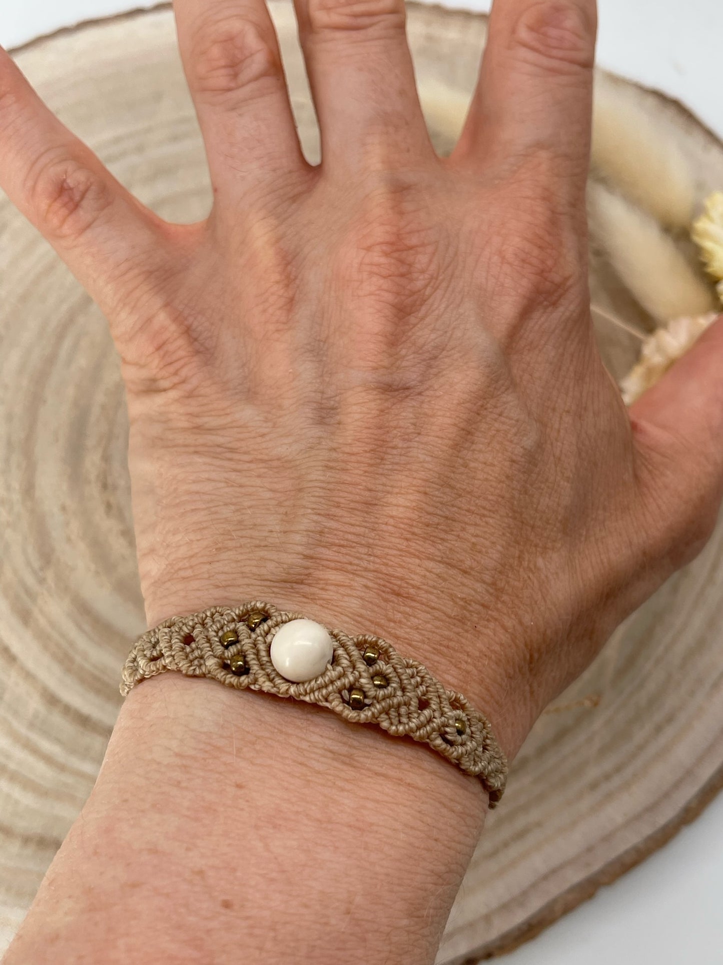 Calcit & Marmor Halbedelstein Freundschaftsarmband Makramee Schmuck beige