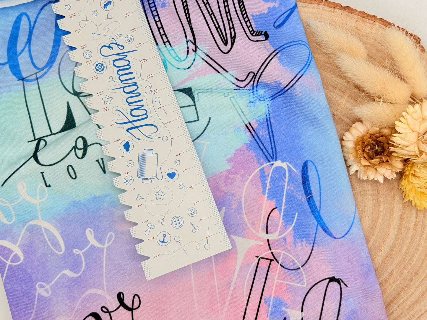 Jersey Reststück Batik mit Love (Lillestoff) blau lila