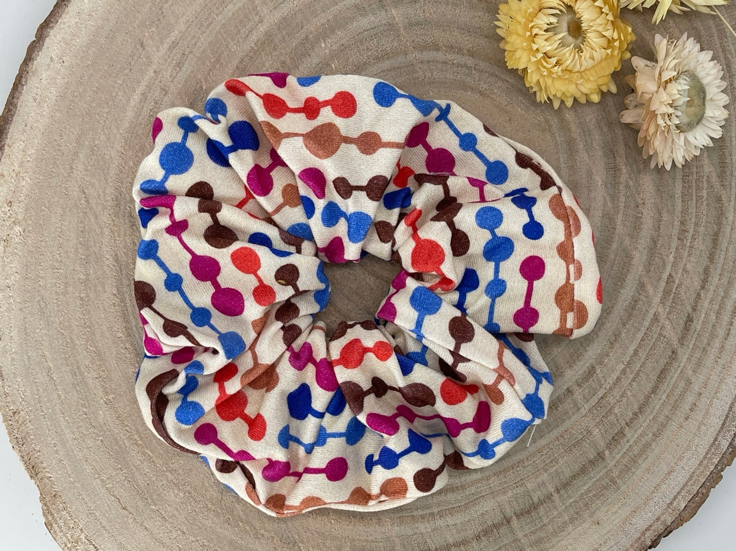 Modal Scrunchie Haargummi Retro bunte Punkte auf weiss